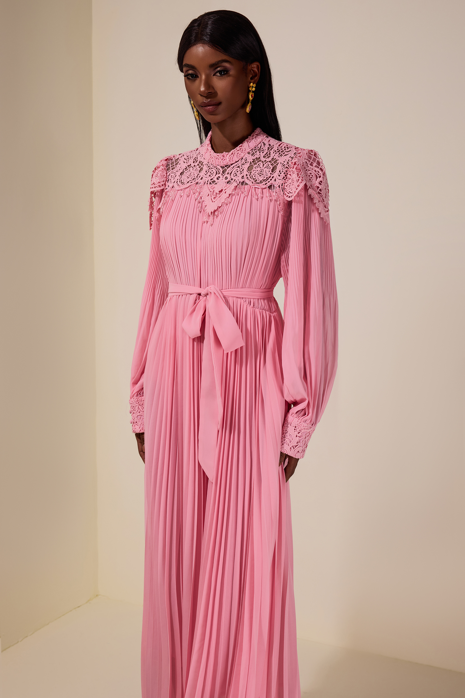 Lace Beaded Pleated Midi Dress