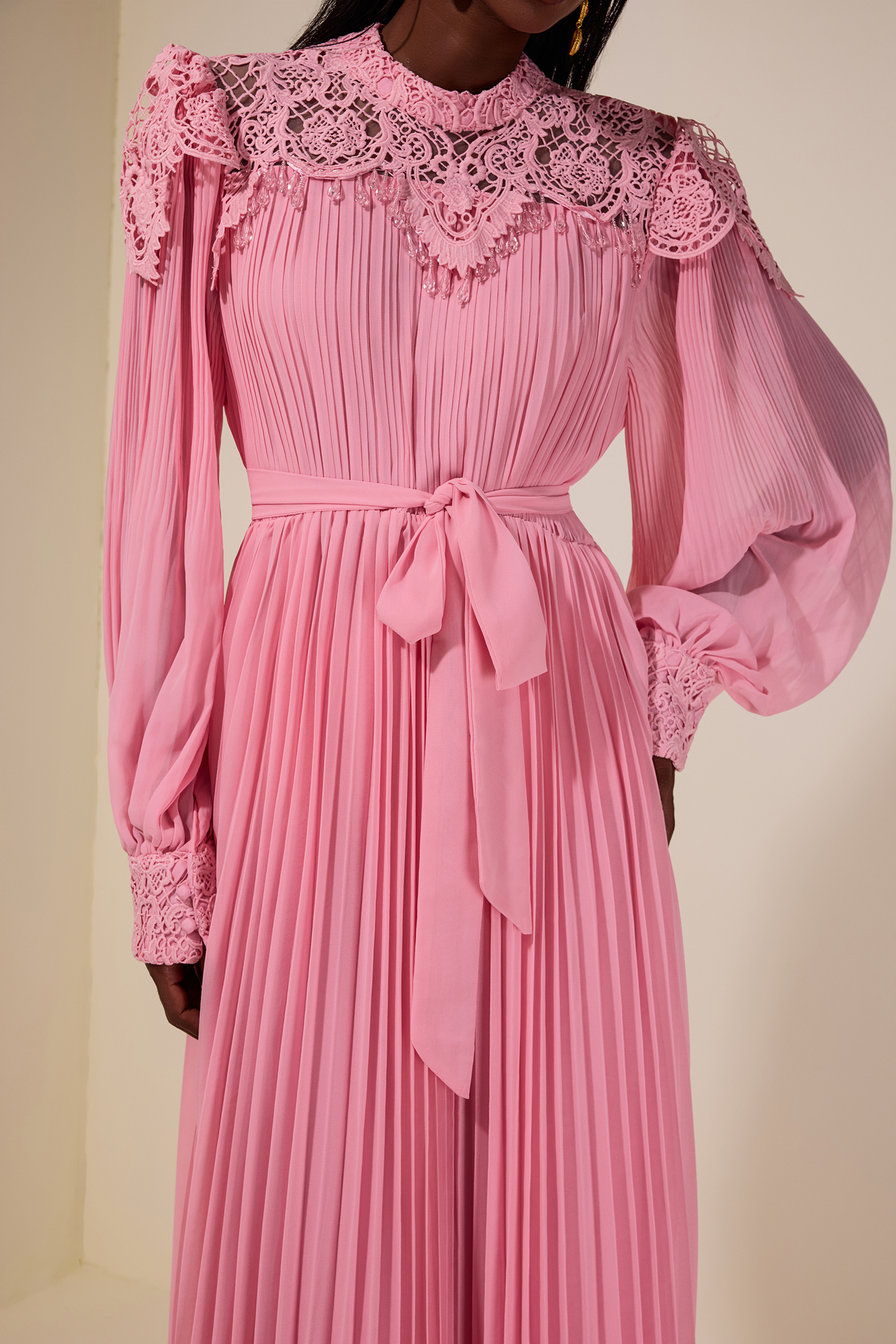 Lace Beaded Pleated Midi Dress