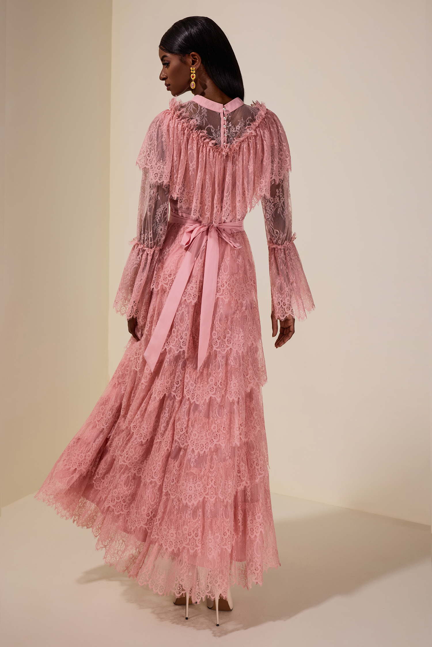 Lace Rhinestone Ruffle Midi Dress