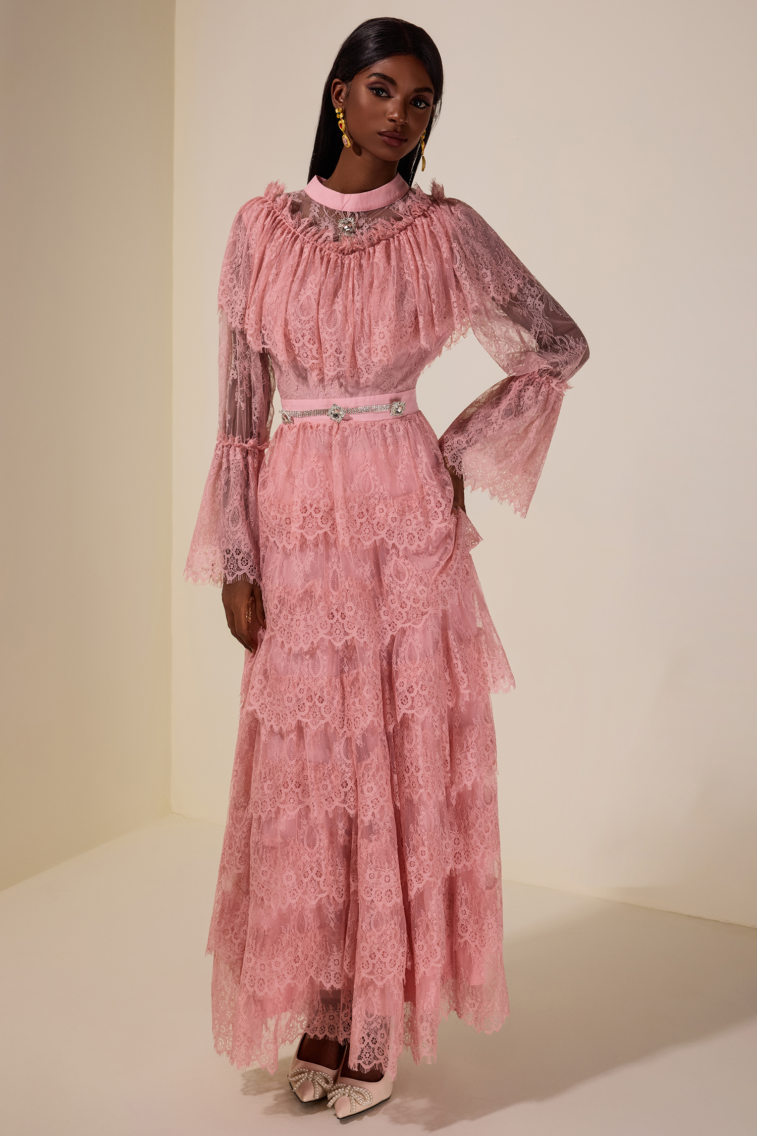 Lace Rhinestone Ruffle Midi Dress