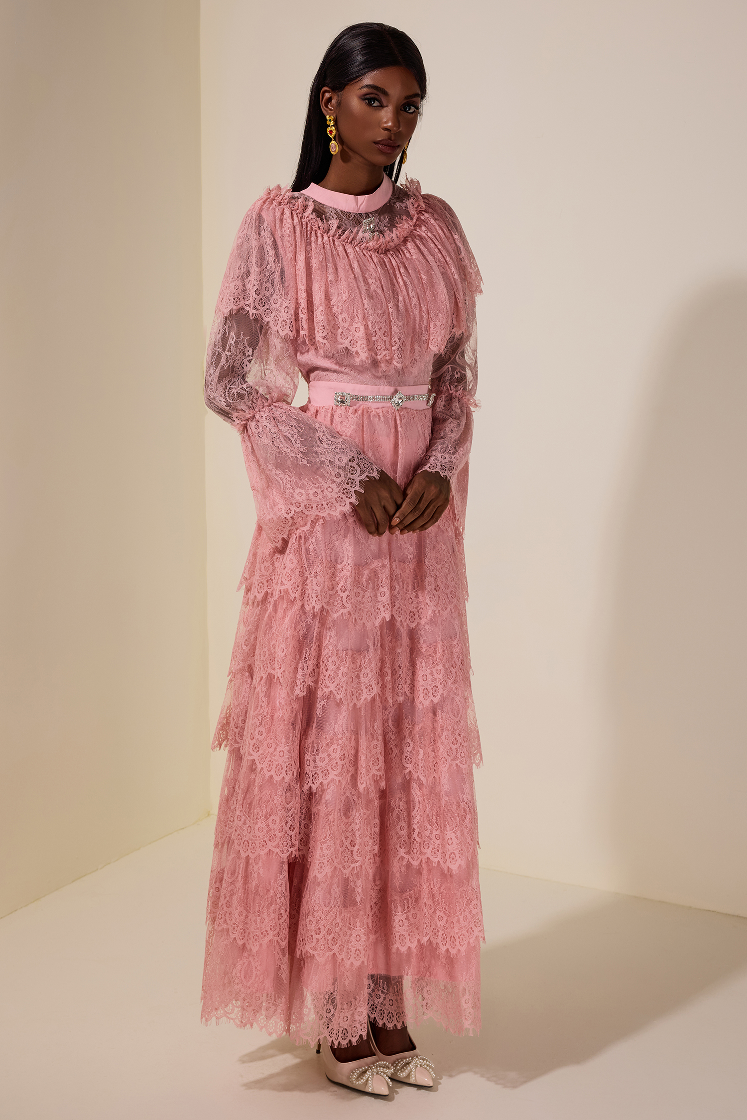 Lace Rhinestone Ruffle Midi Dress