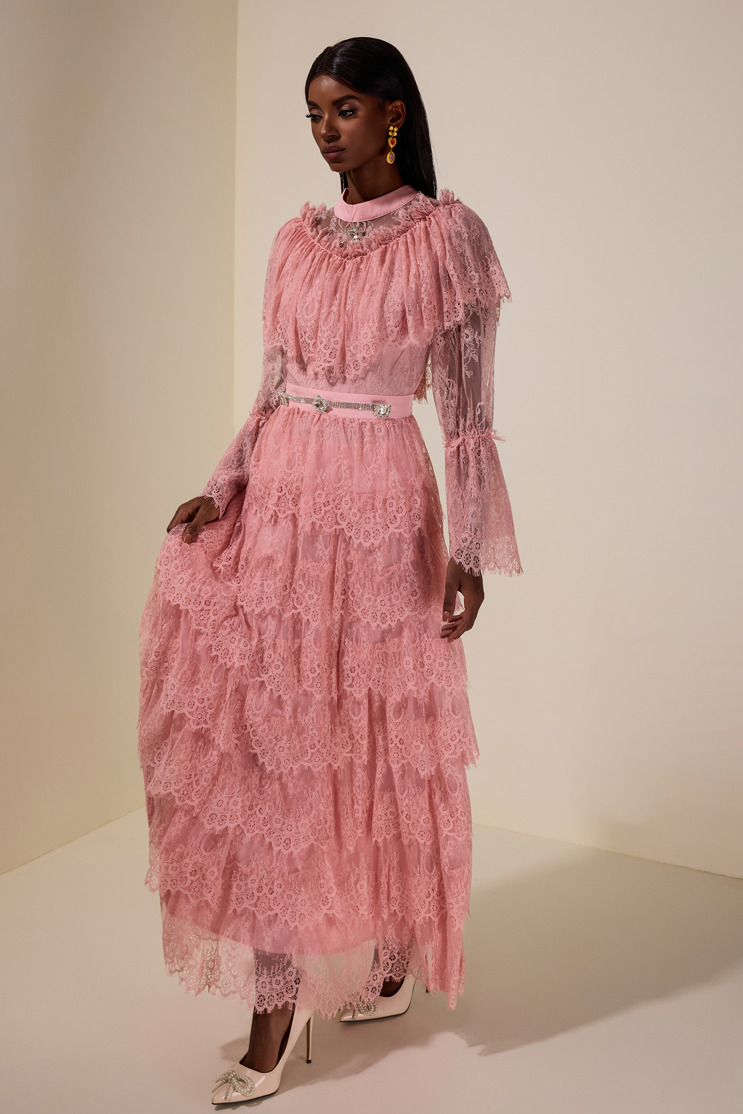 Lace Rhinestone Ruffle Midi Dress