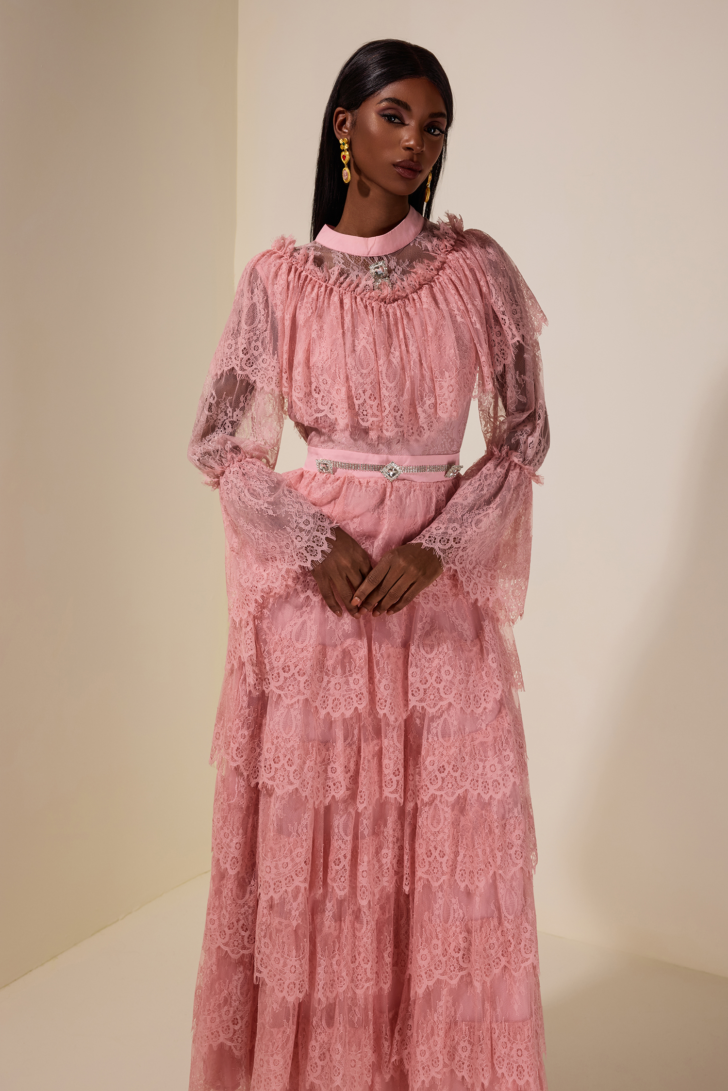 Lace Rhinestone Ruffle Midi Dress