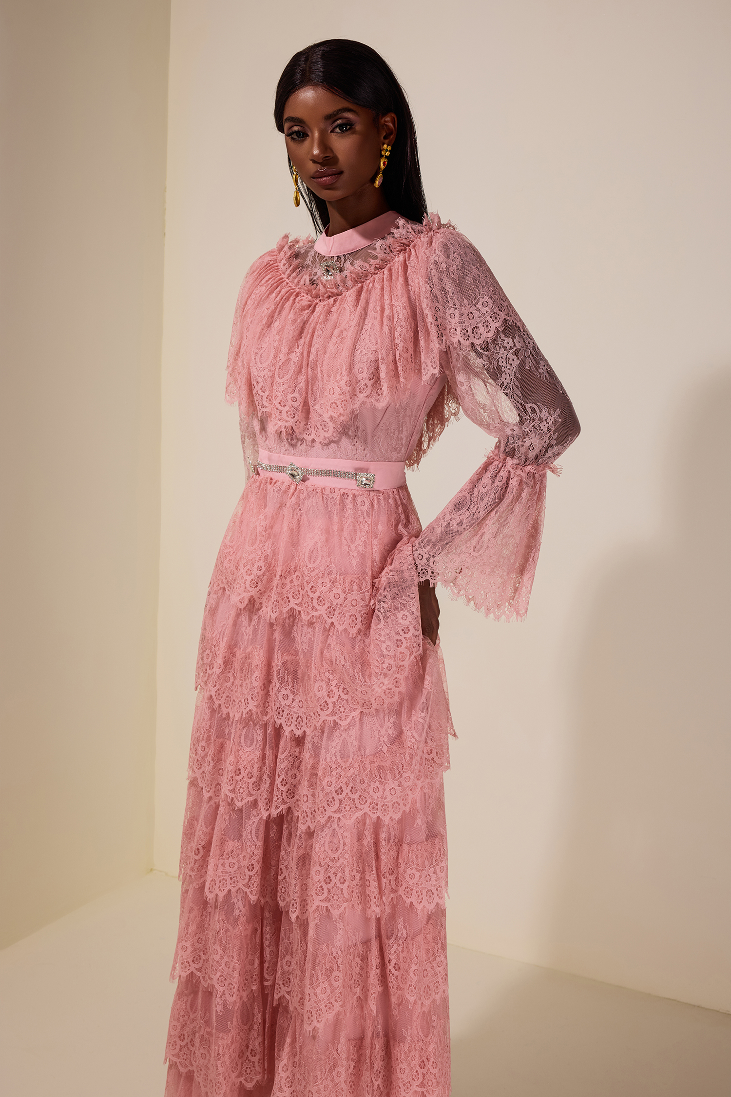 Lace Rhinestone Ruffle Midi Dress