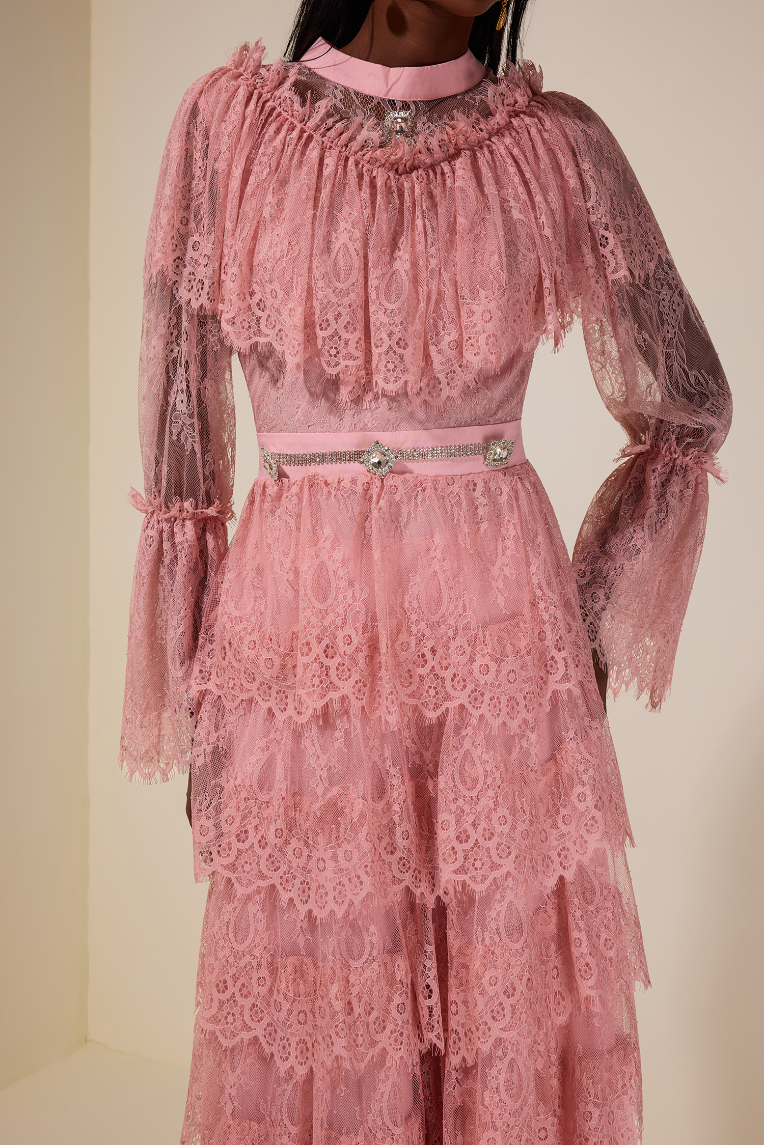 Lace Rhinestone Ruffle Midi Dress