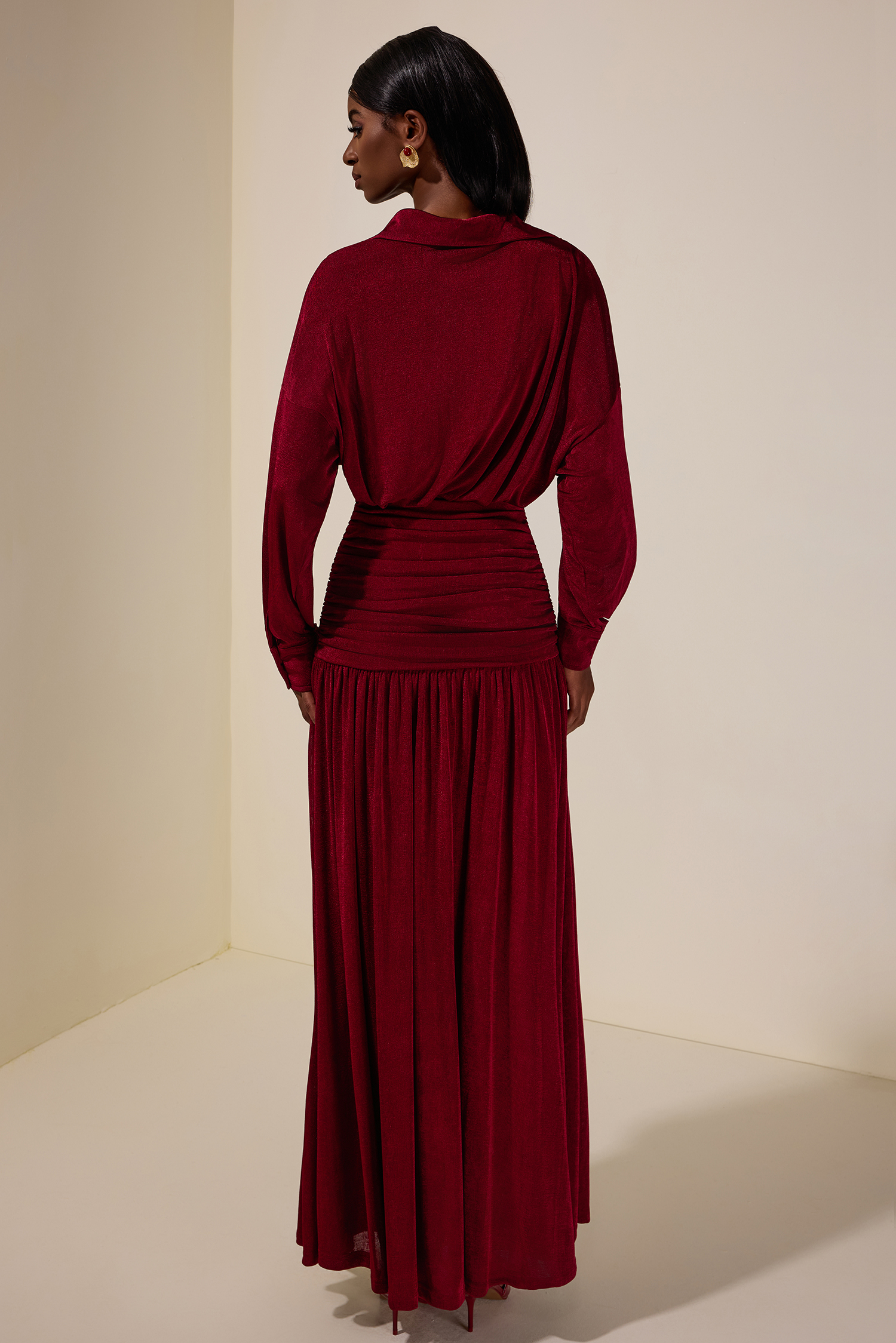 Jersey Shirt Collar Ruched Maxi Dress