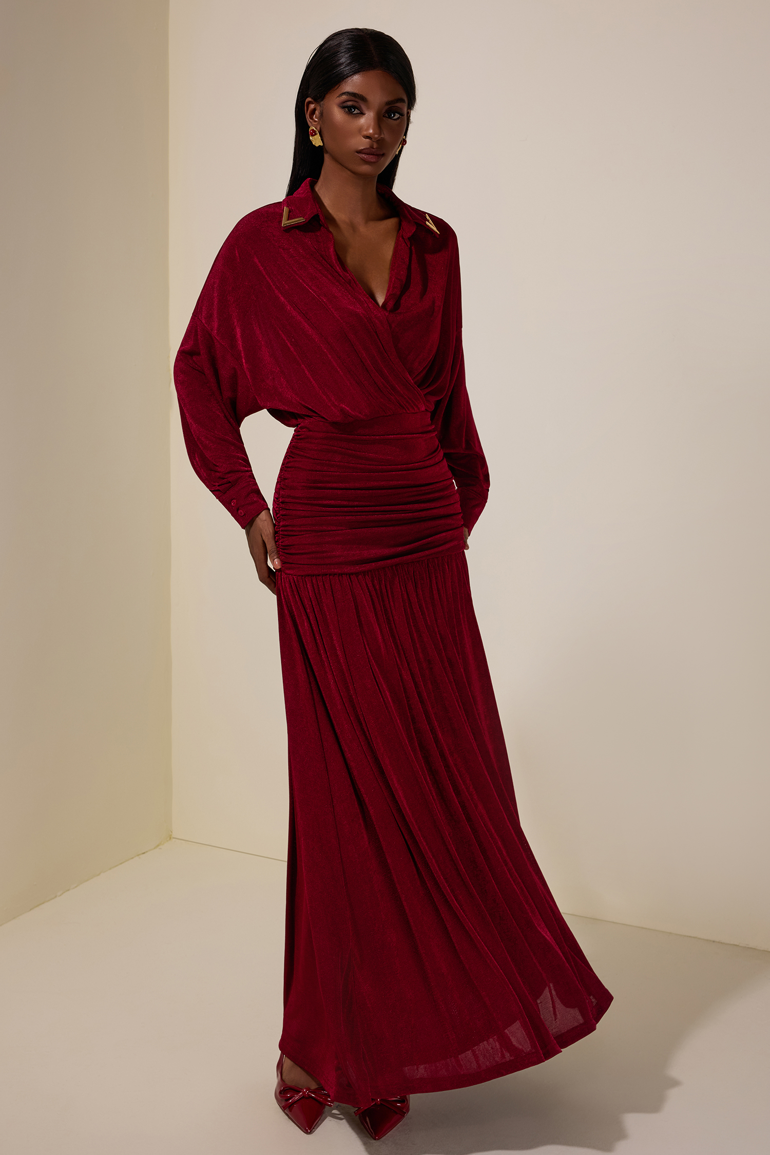 Jersey Shirt Collar Ruched Maxi Dress