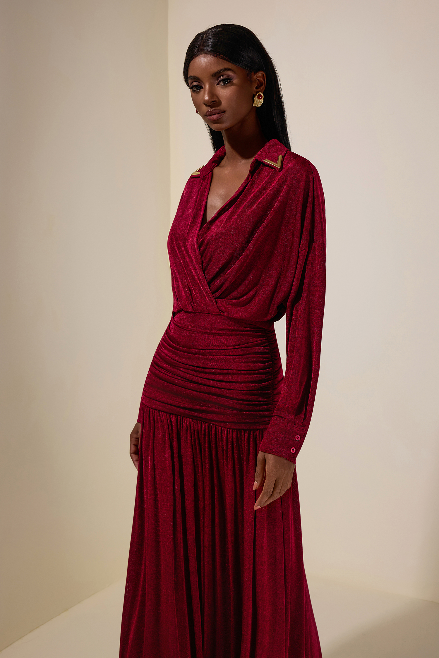 Jersey Shirt Collar Ruched Maxi Dress