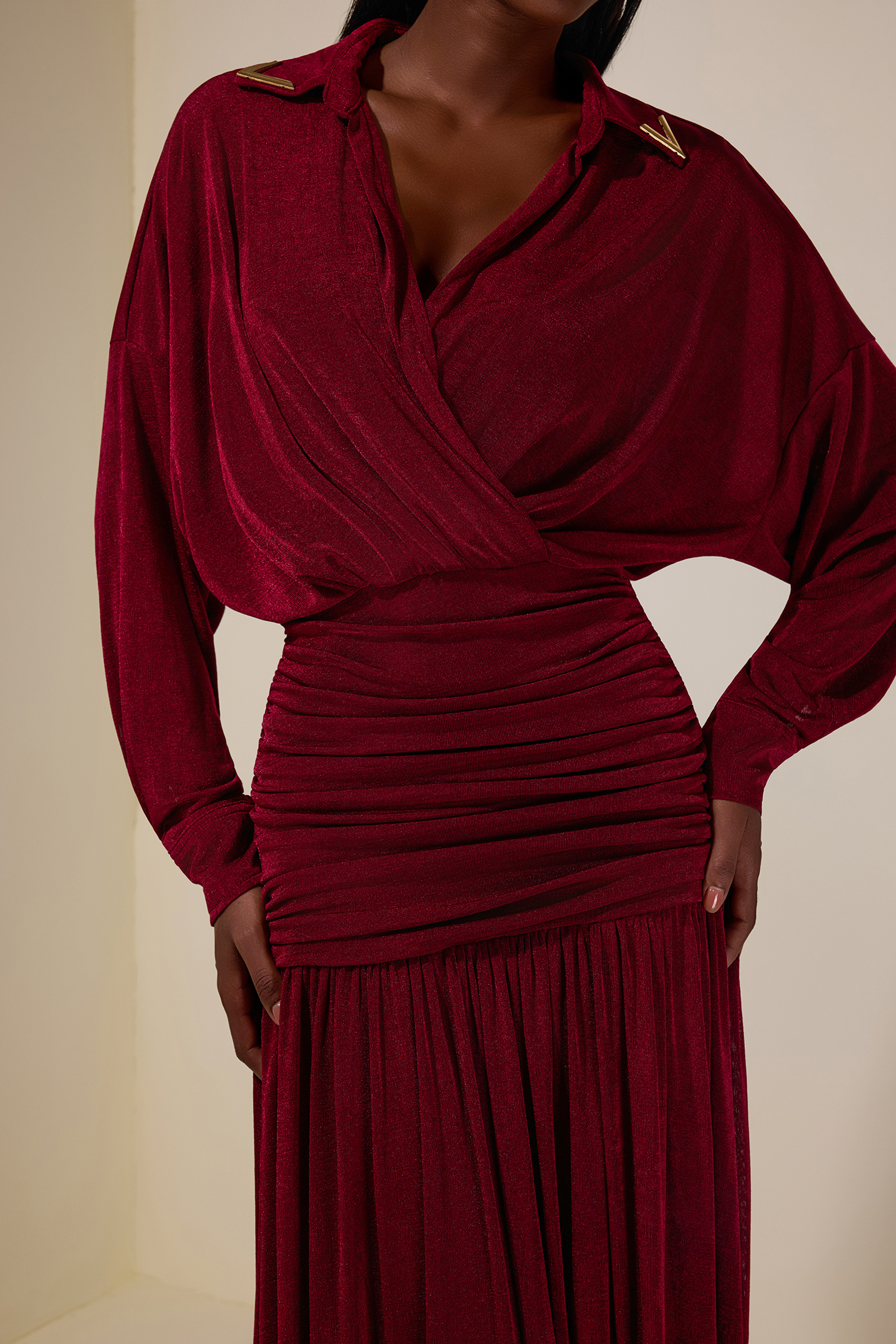 Jersey Shirt Collar Ruched Maxi Dress