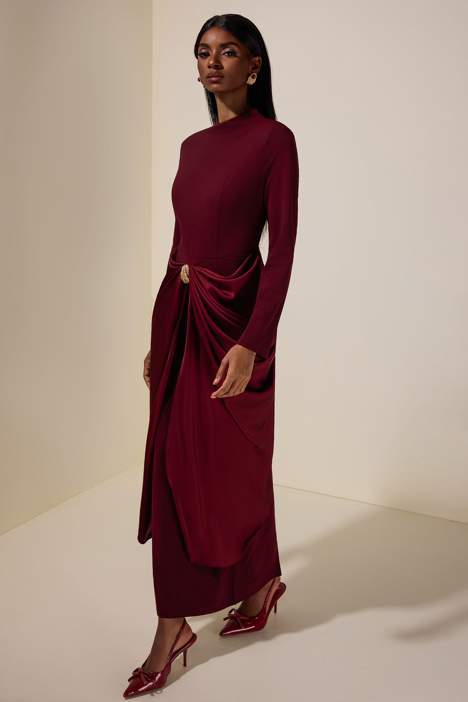 Satin Metal Decorations Long Sleeve Midi Dress