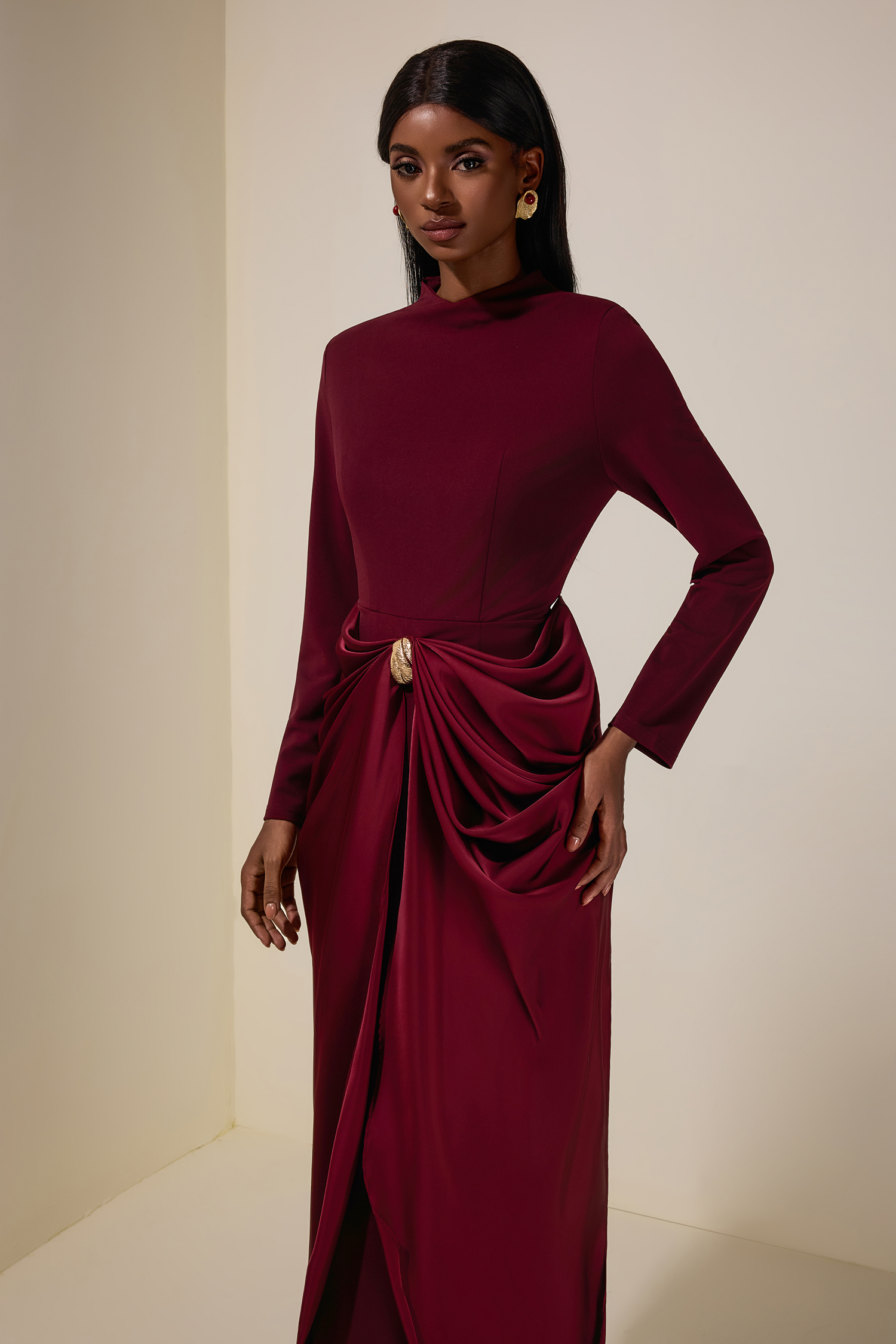 Satin Metal Decorations Long Sleeve Midi Dress