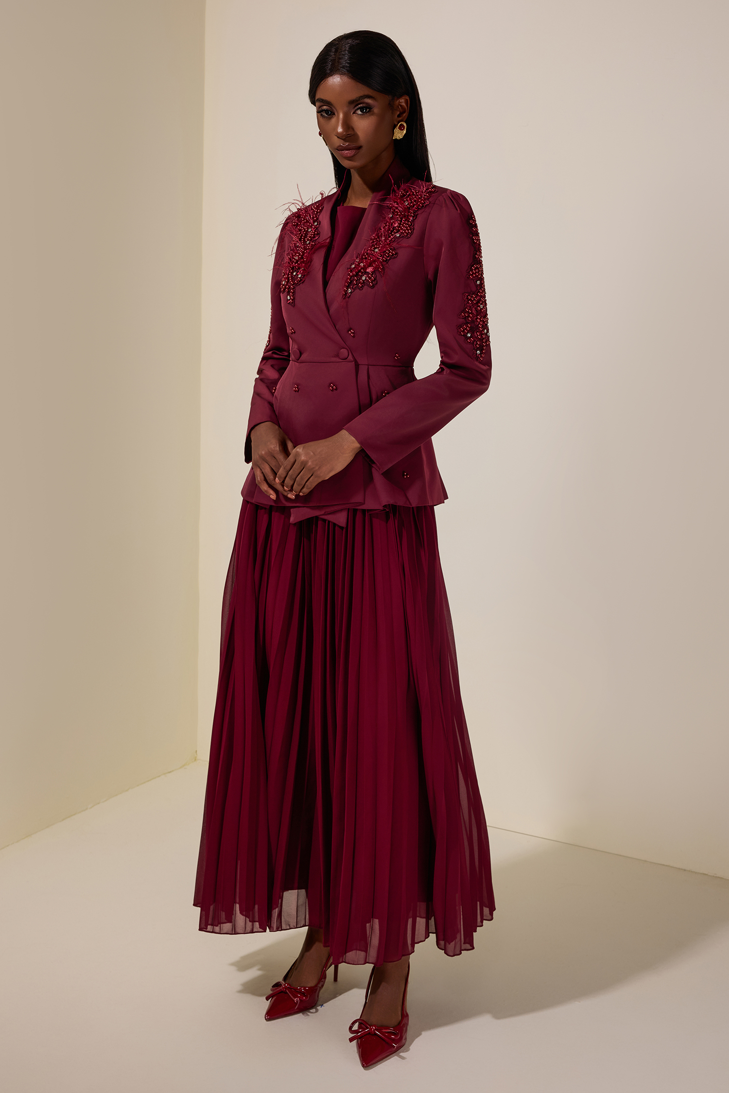 Chiffon Pleated Midi Dress With Nail Bead Embroidery Outerwear