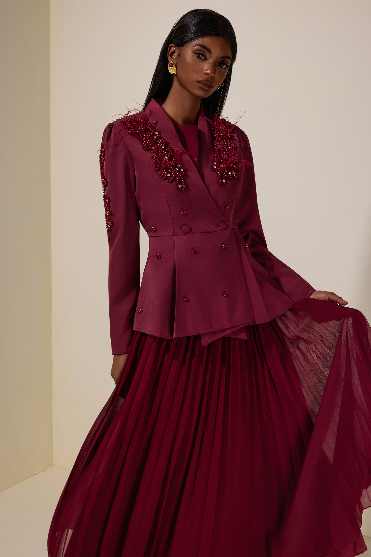 Chiffon Pleated Midi Dress With Nail Bead Embroidery Outerwear