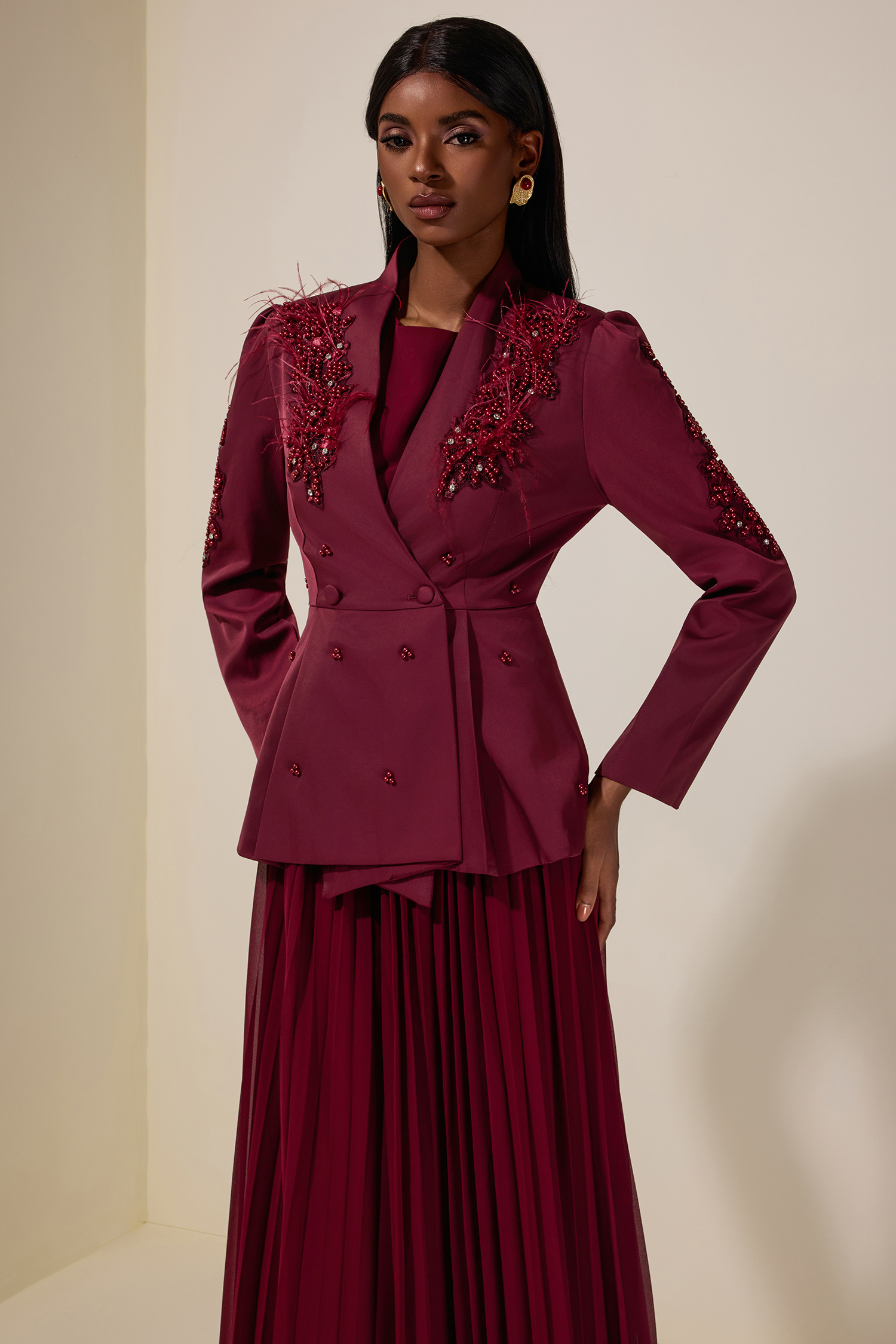 Chiffon Pleated Midi Dress With Nail Bead Embroidery Outerwear