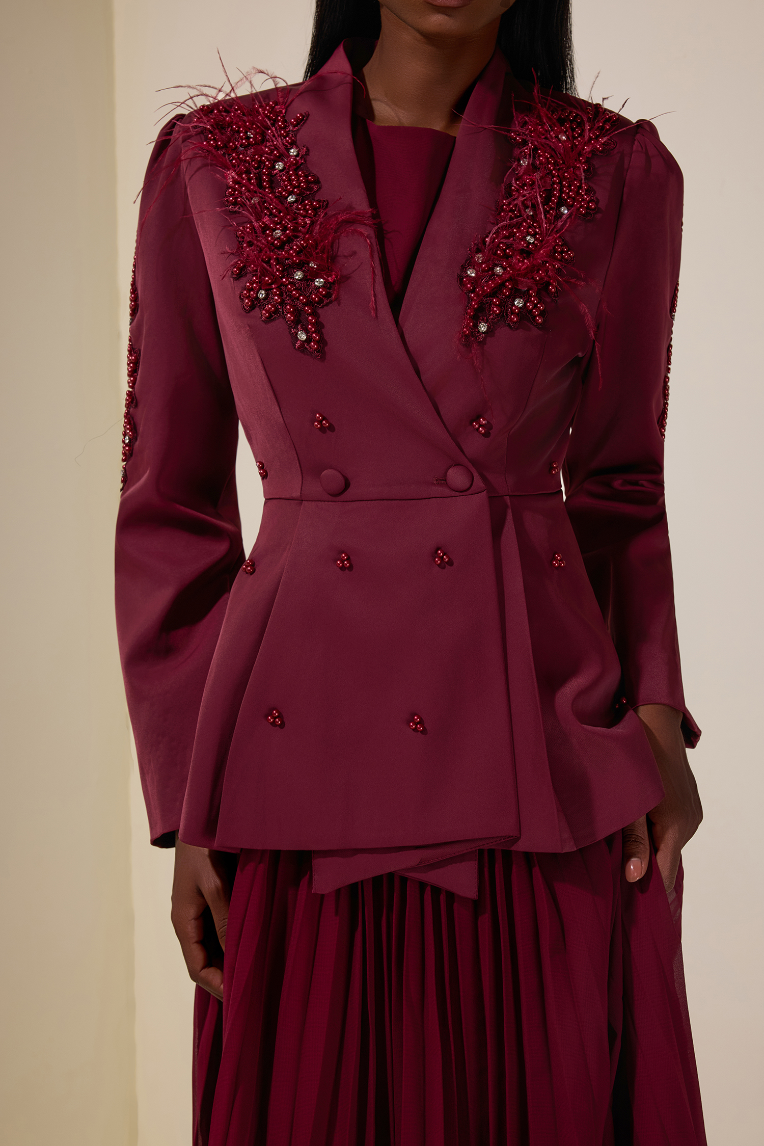 Chiffon Pleated Midi Dress With Nail Bead Embroidery Outerwear