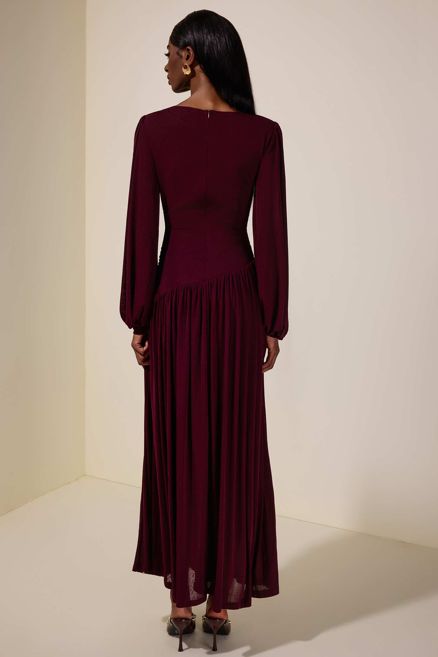 Jersey See-Through Lantern Sleeve  Maxi Dress