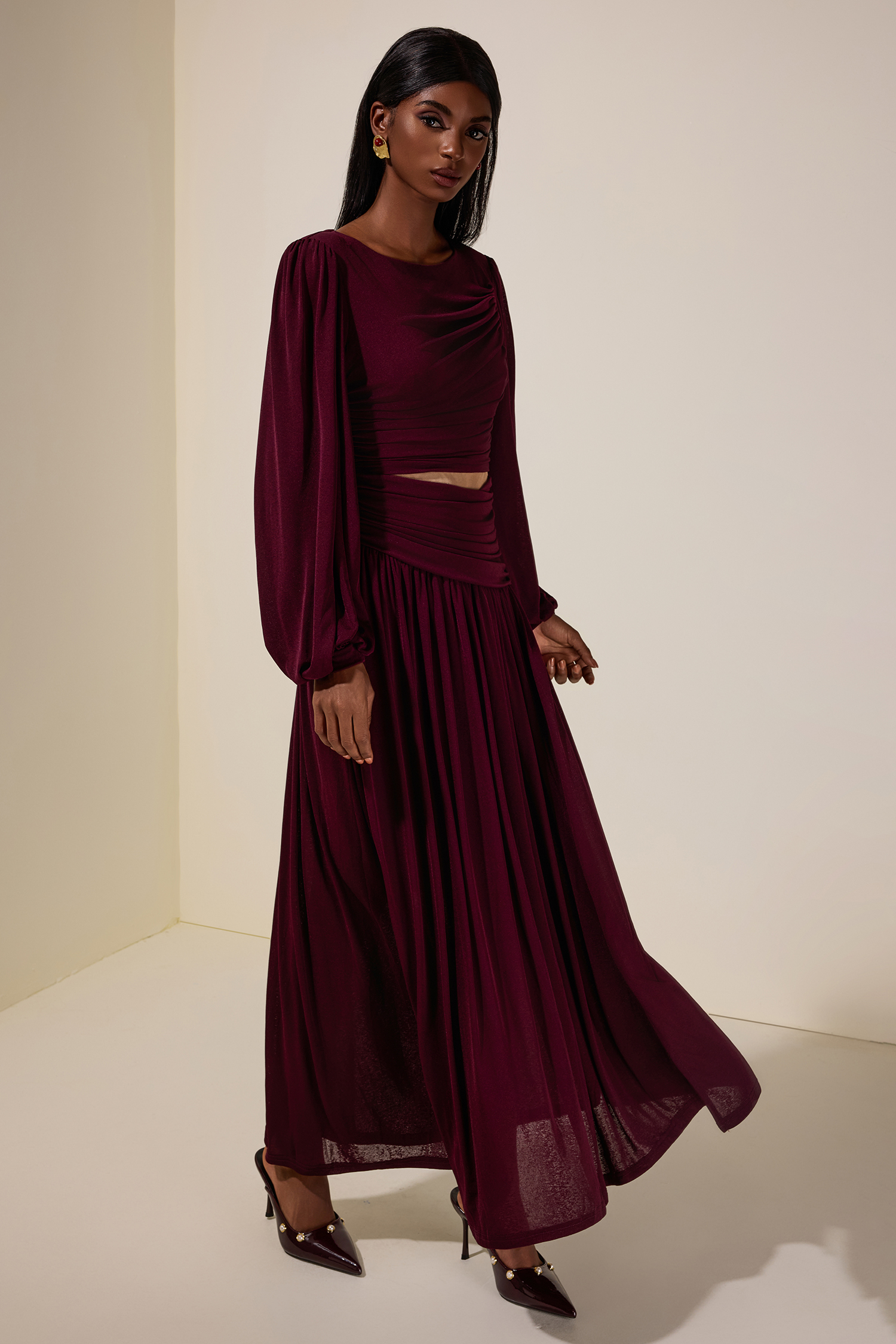 Jersey See-Through Lantern Sleeve  Maxi Dress