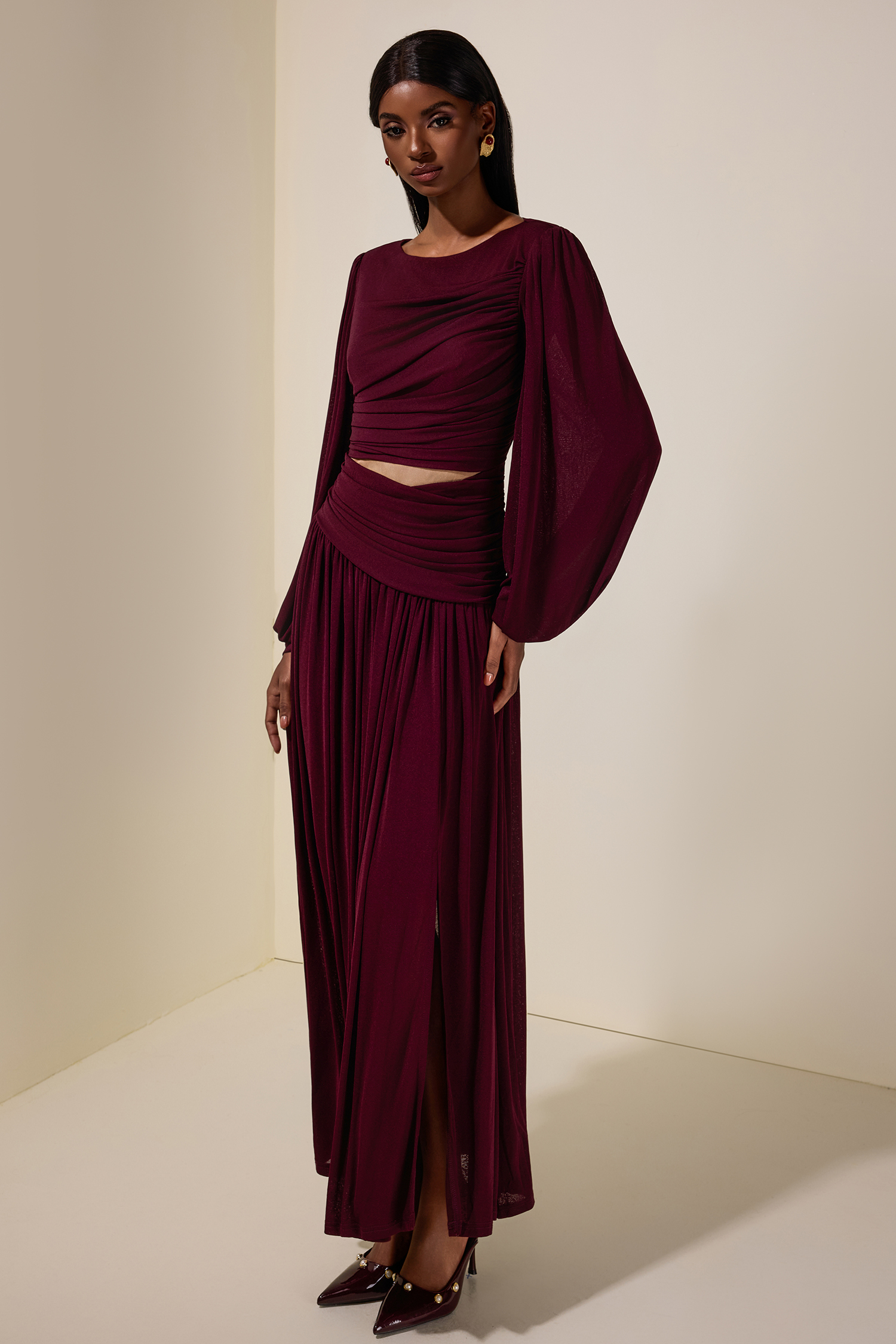 Jersey See-Through Lantern Sleeve  Maxi Dress