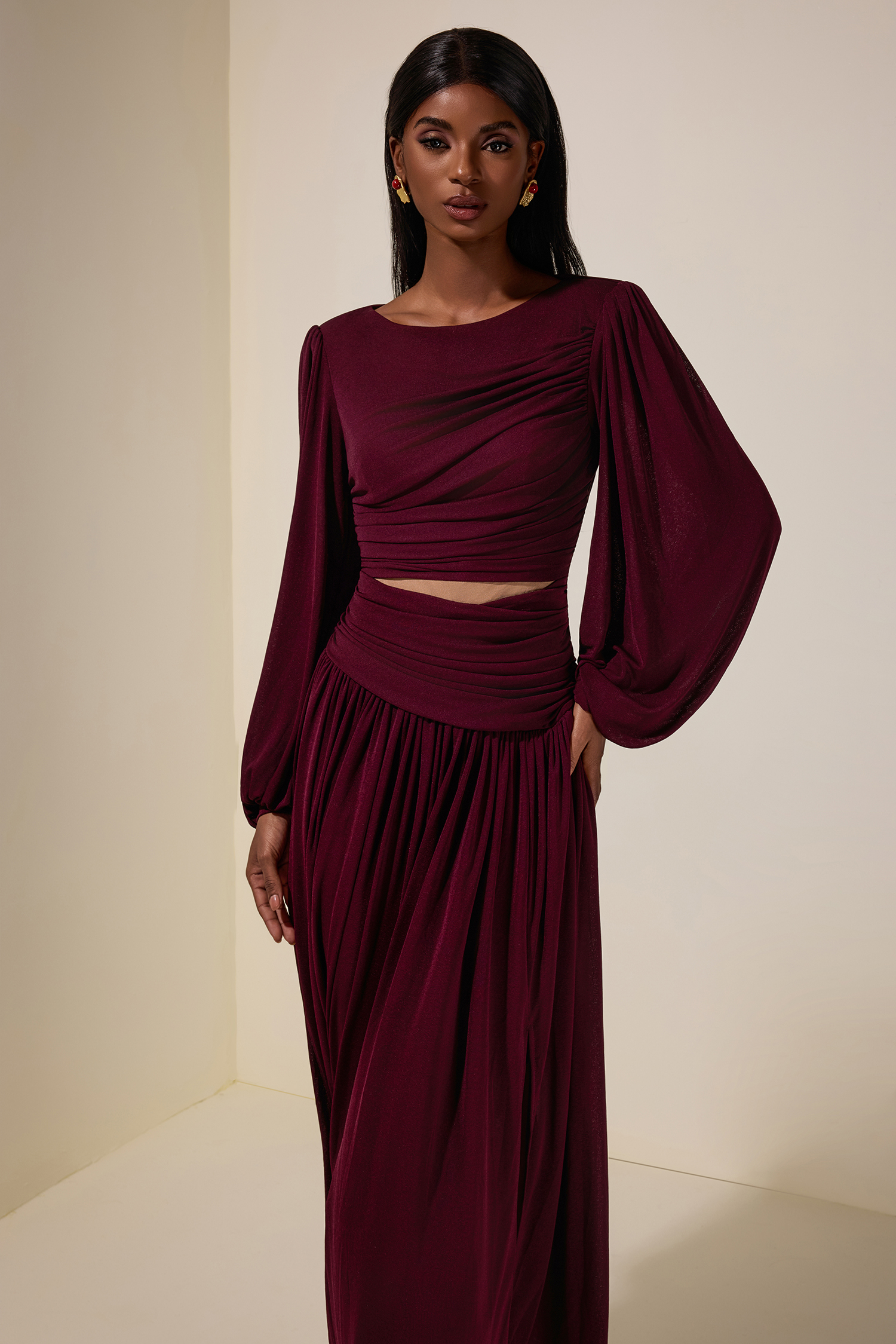 Jersey See-Through Lantern Sleeve  Maxi Dress