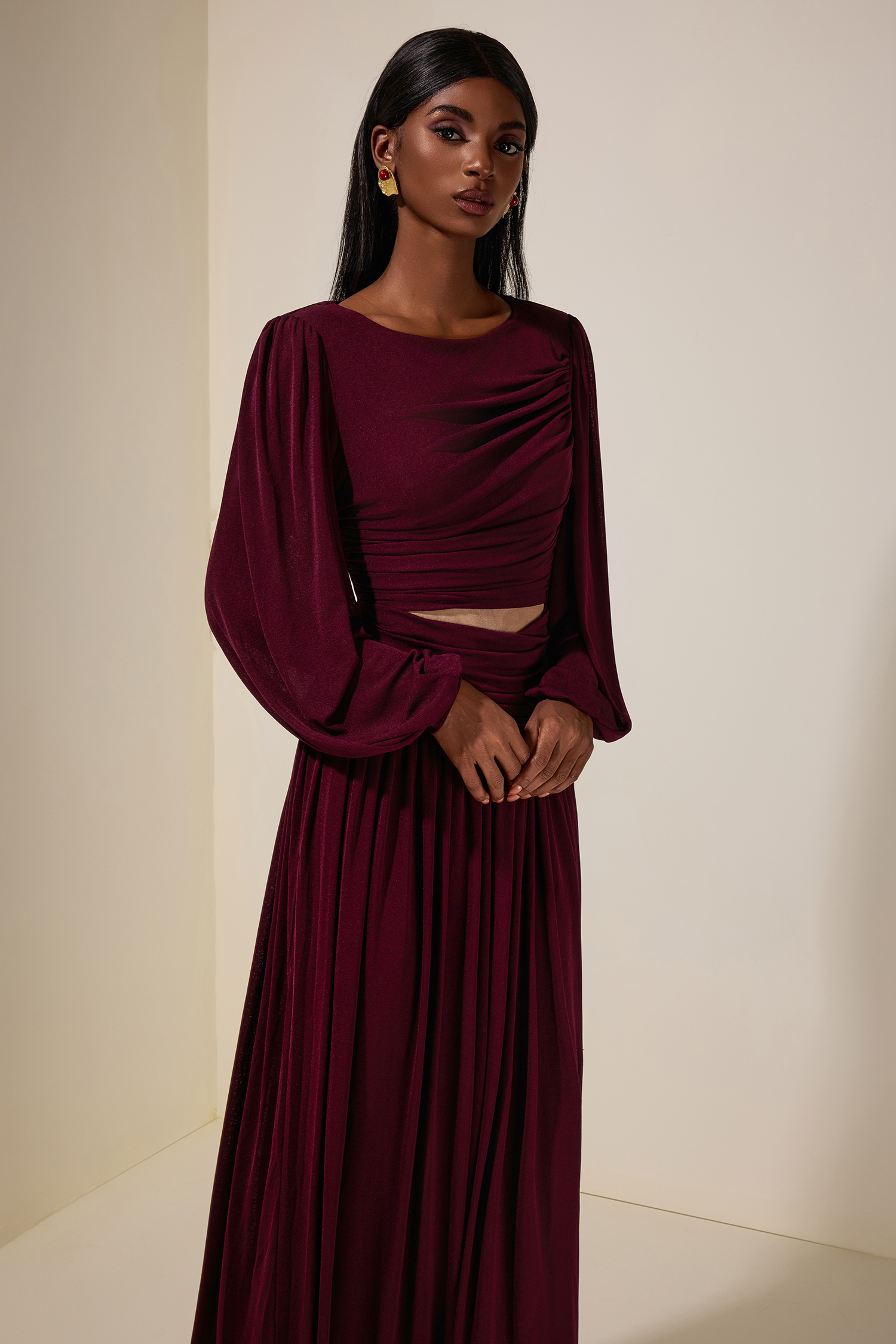 Jersey See-Through Lantern Sleeve  Maxi Dress