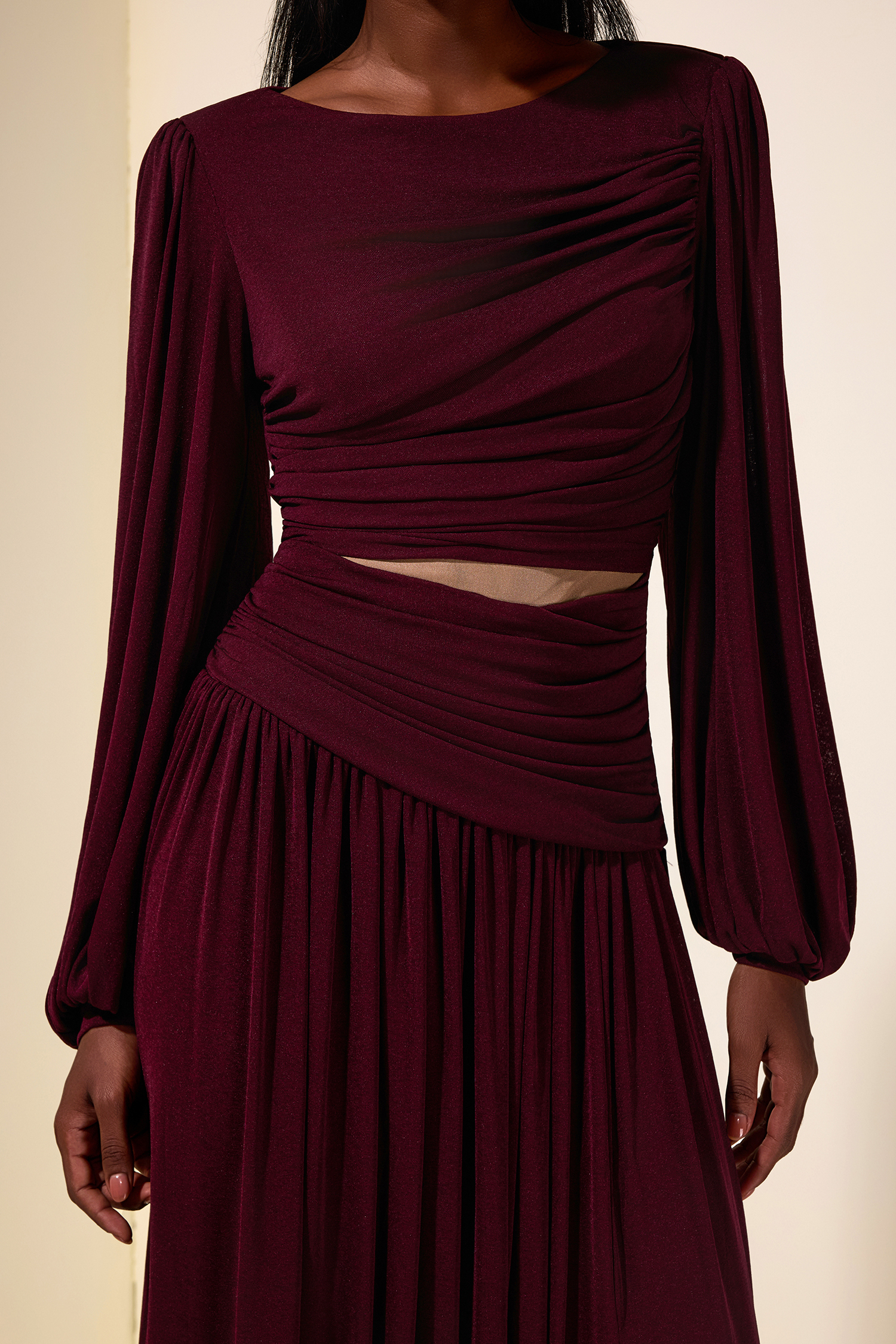 Jersey See-Through Lantern Sleeve  Maxi Dress