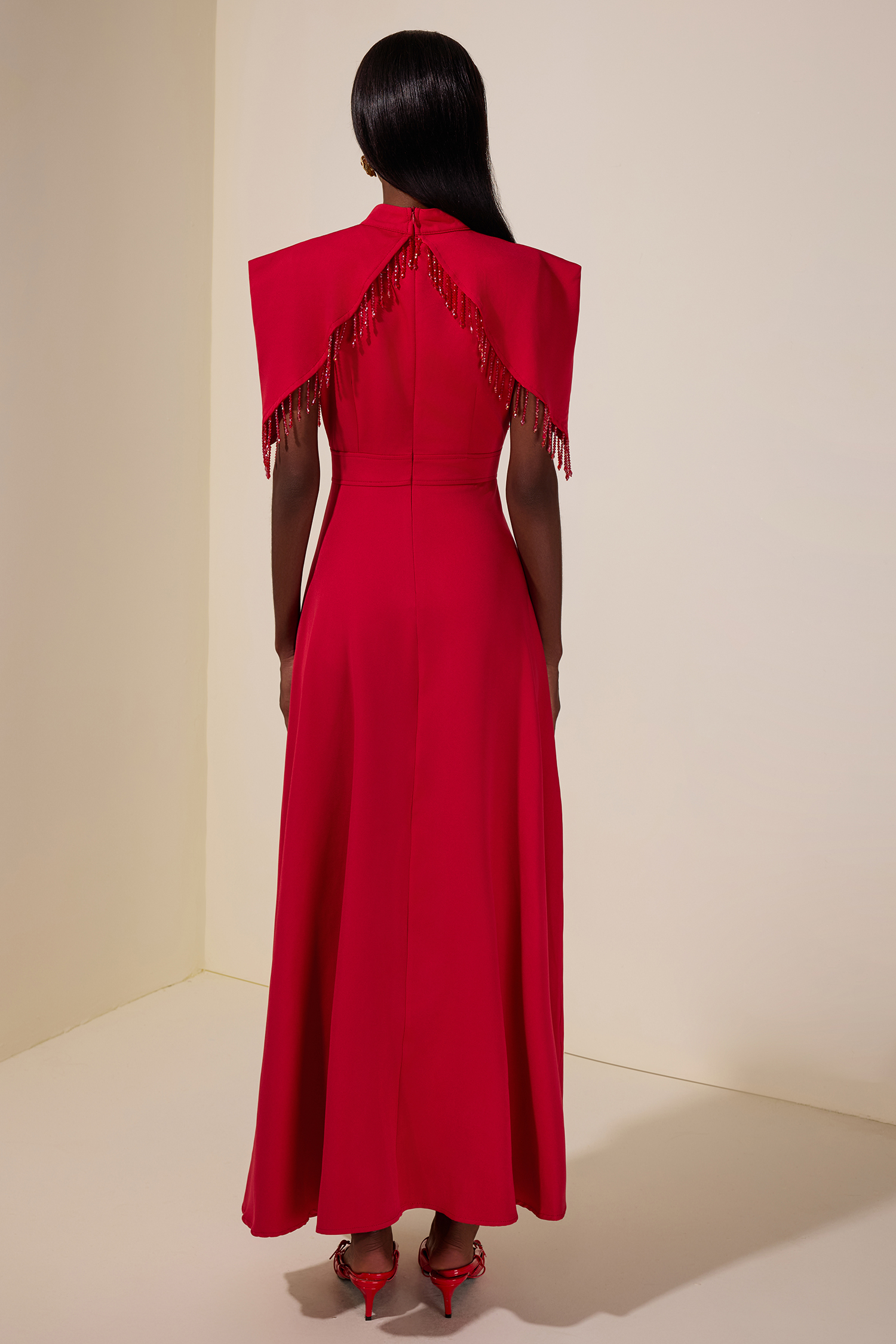 Solid Cape Sleeve Diamond Tassels Maxi Dress