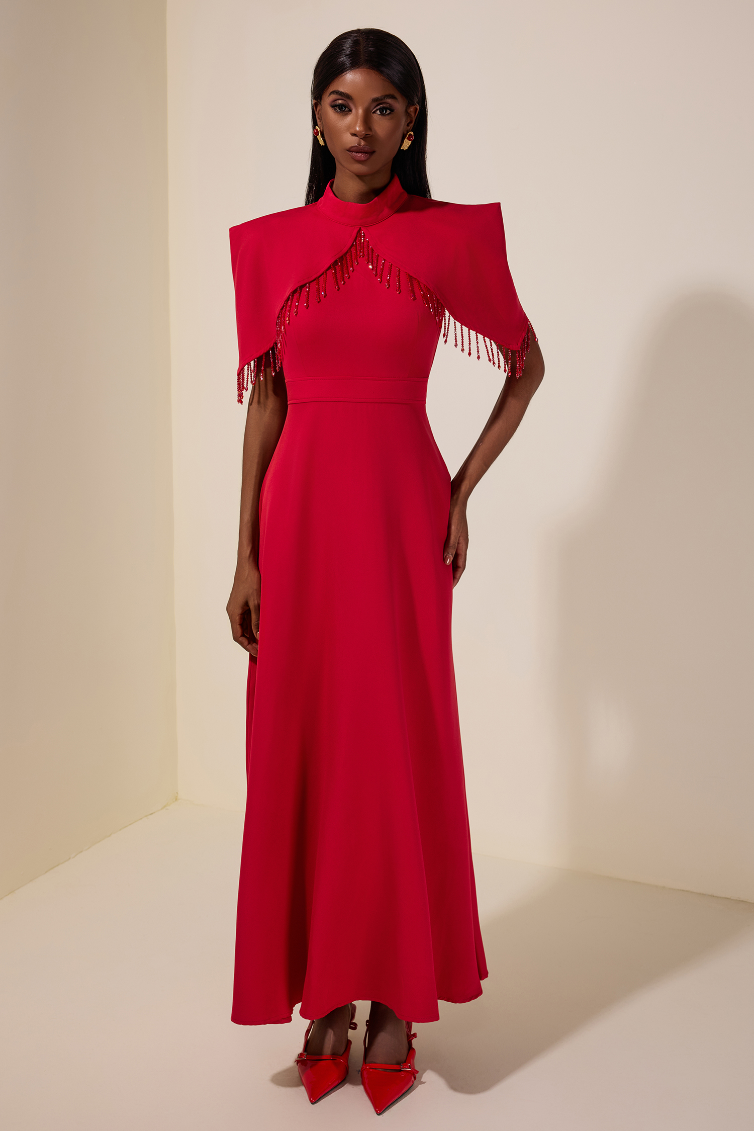 Solid Cape Sleeve Diamond Tassels Maxi Dress