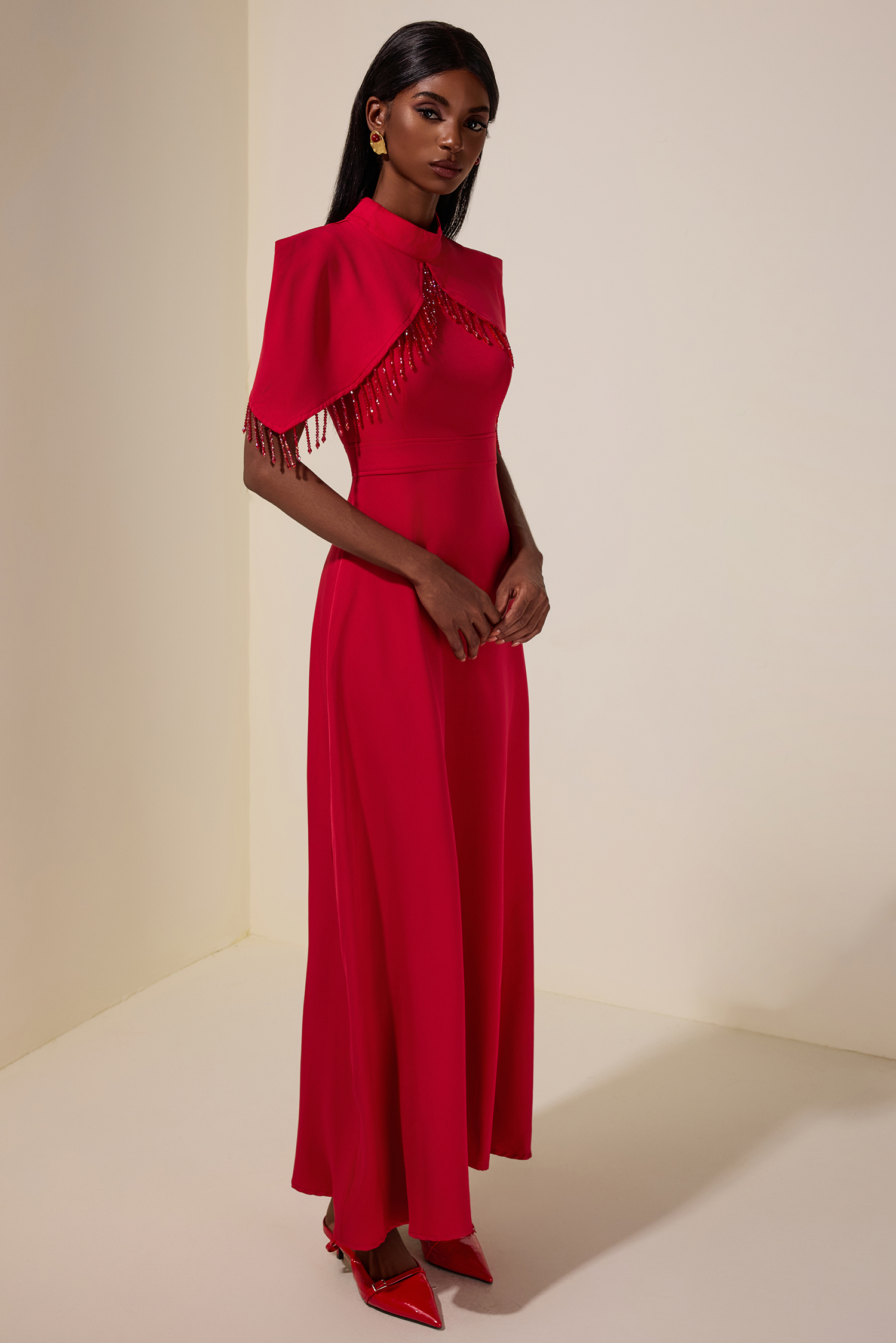 Solid Cape Sleeve Diamond Tassels Maxi Dress