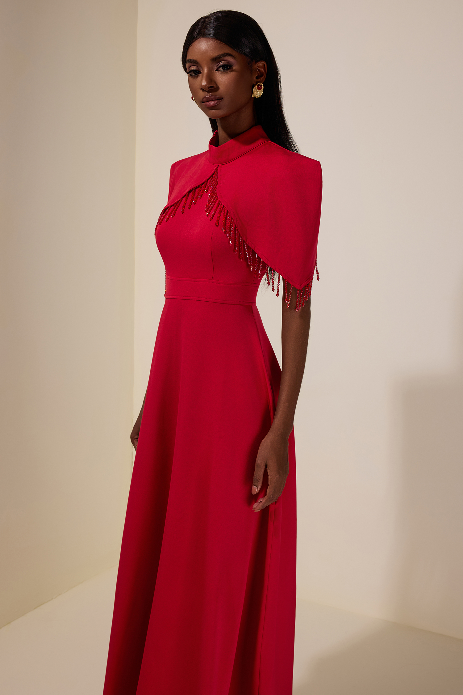 Solid Cape Sleeve Diamond Tassels Maxi Dress