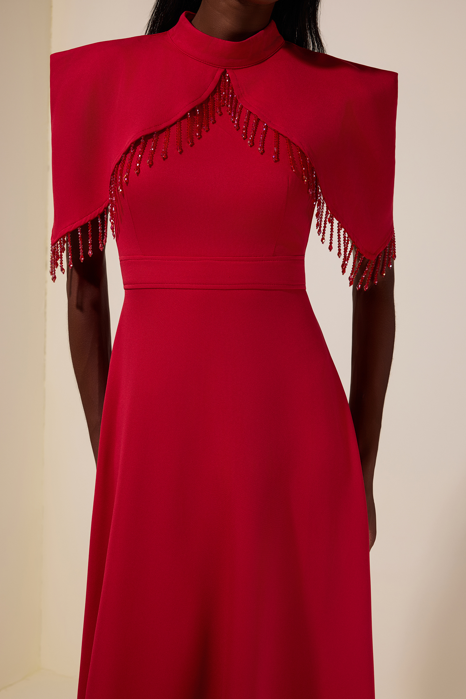 Solid Cape Sleeve Diamond Tassels Maxi Dress