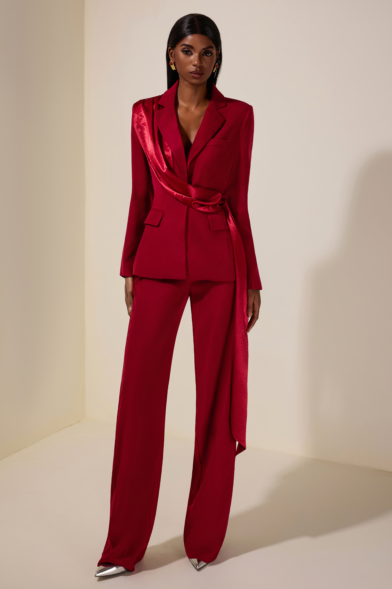 Ribbon Flapped Blazer & High Waist Pants Set