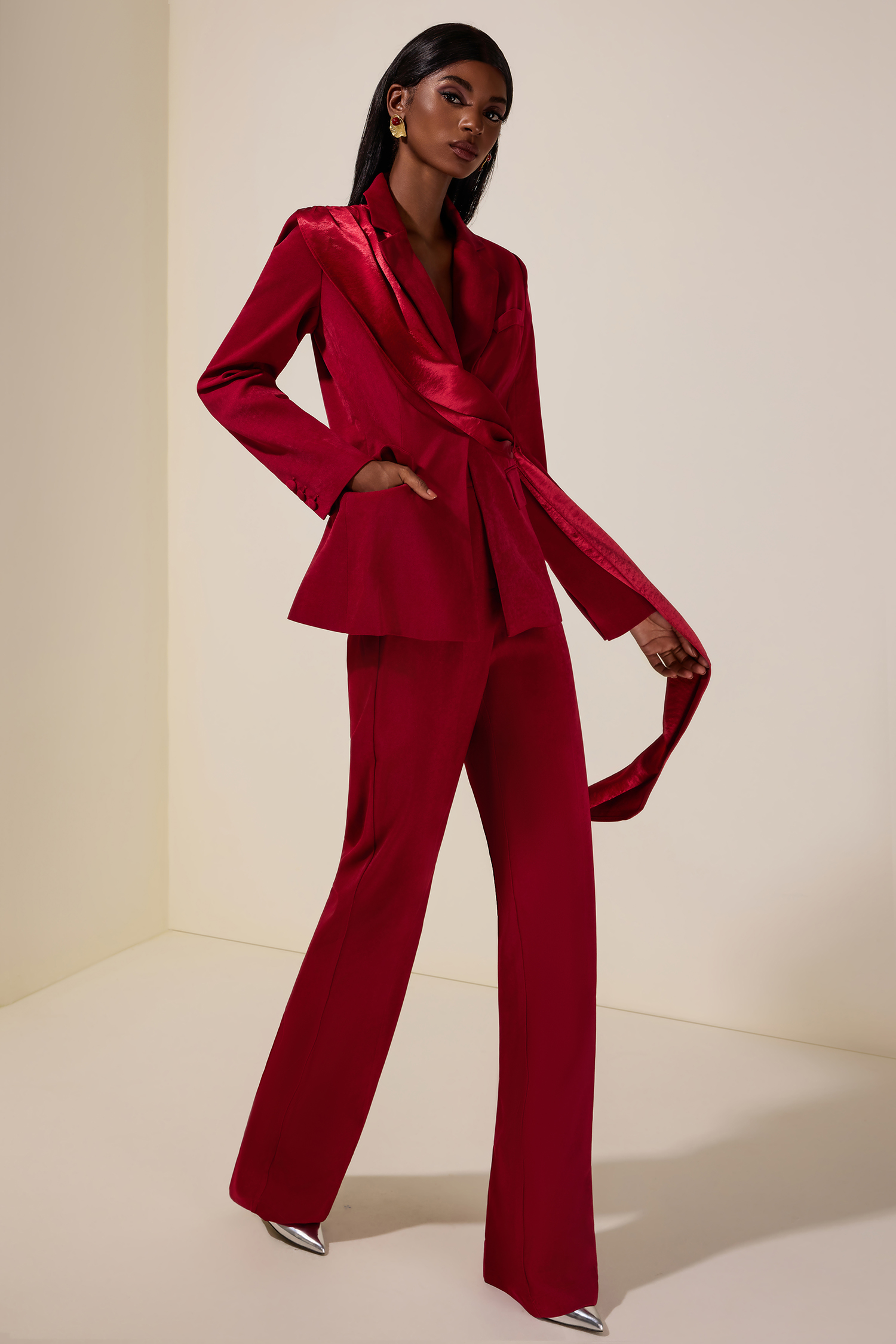 Ribbon Flapped Blazer & High Waist Pants Set