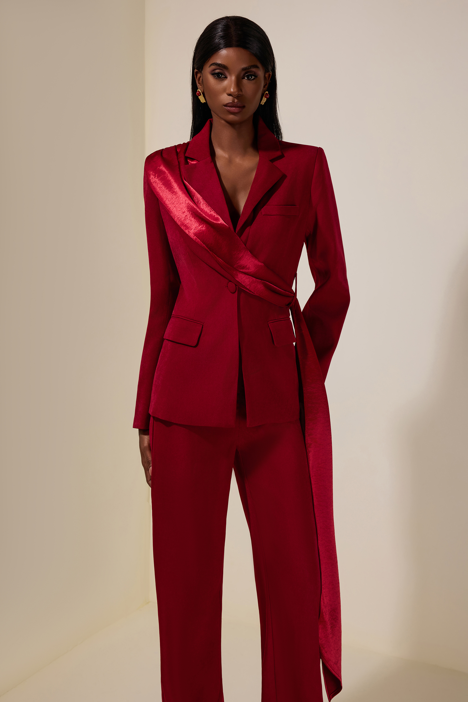 Ribbon Flapped Blazer & High Waist Pants Set