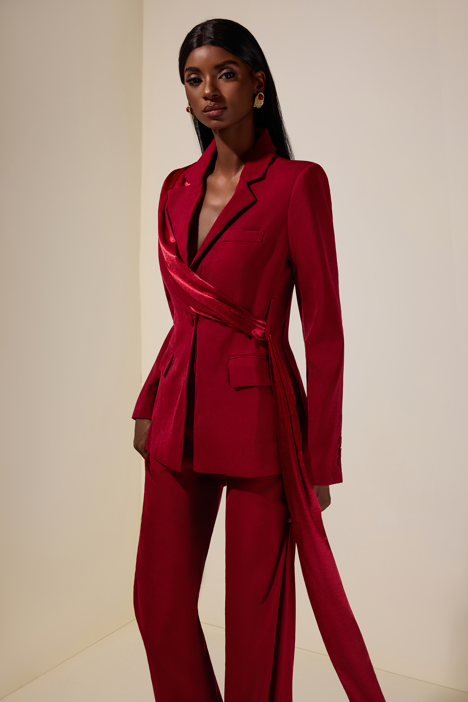 Ribbon Flapped Blazer & High Waist Pants Set