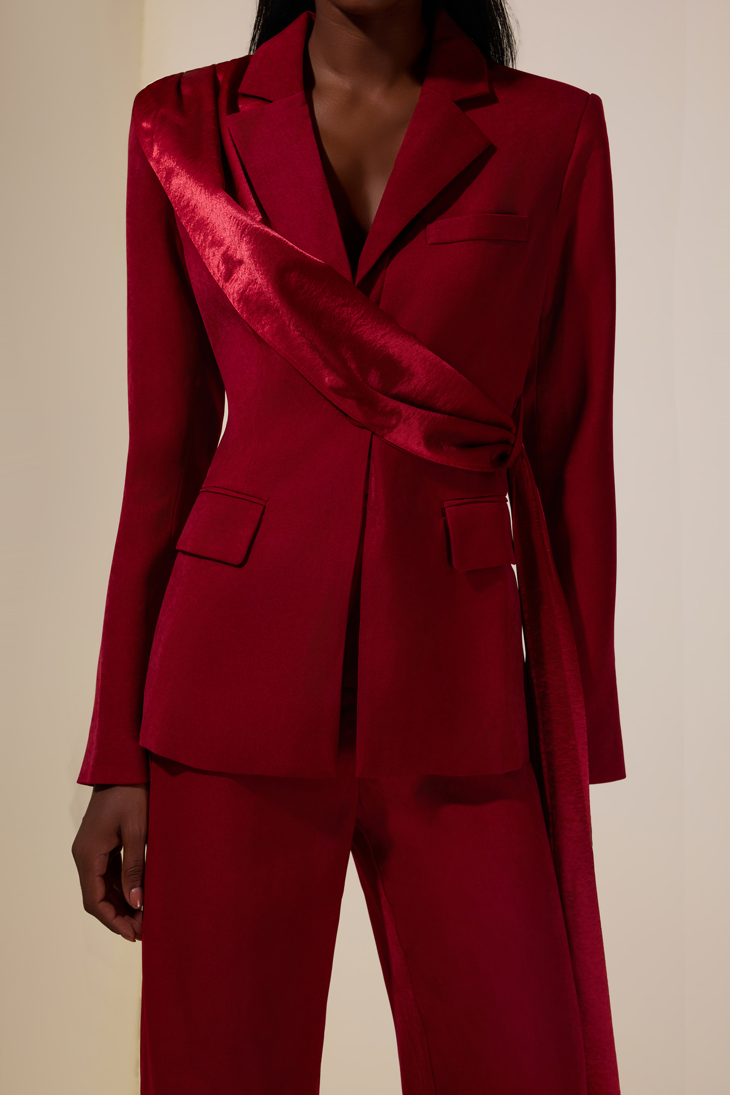 Ribbon Flapped Blazer & High Waist Pants Set