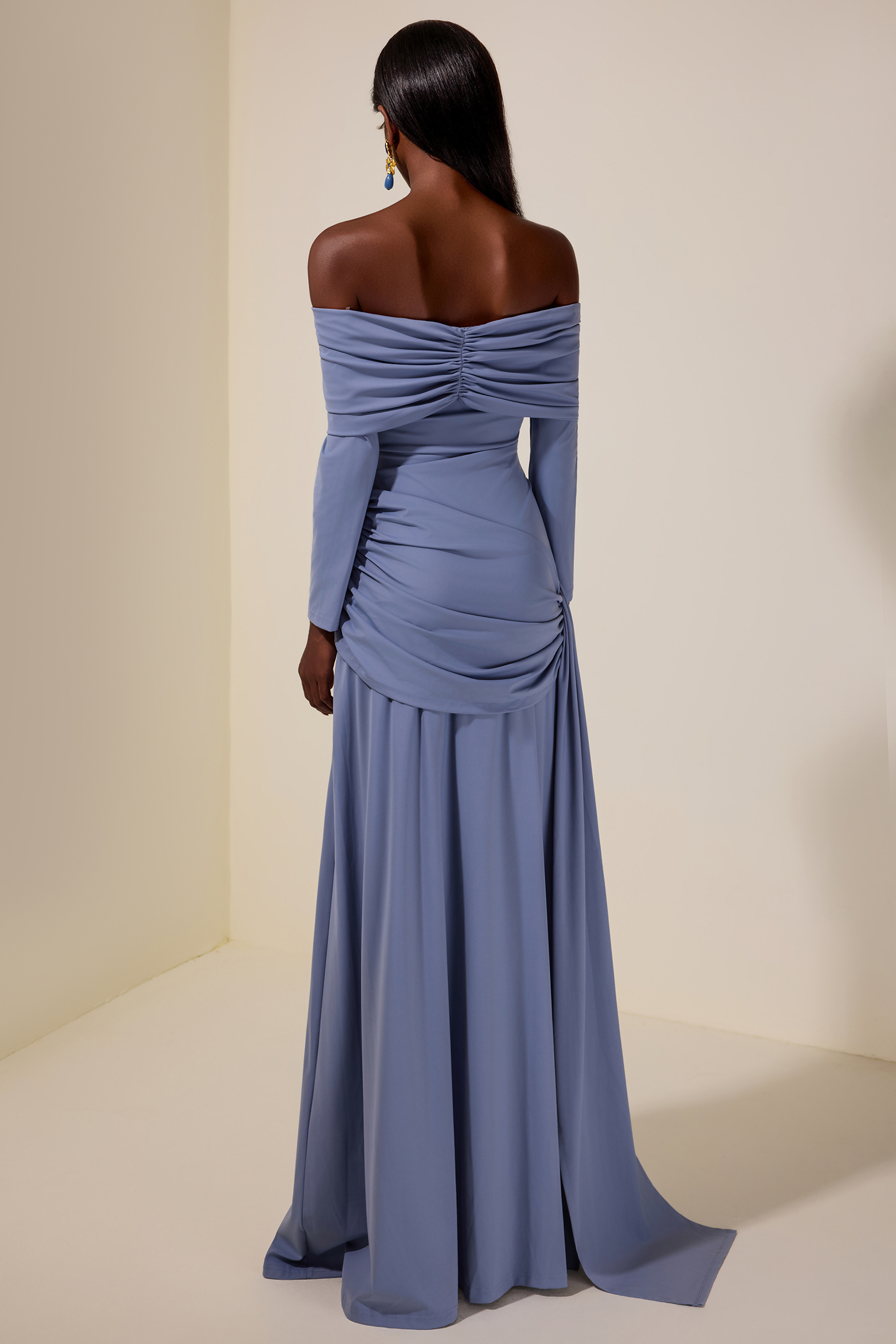 Solid Ruched Off-Shoulder Maxi Dress