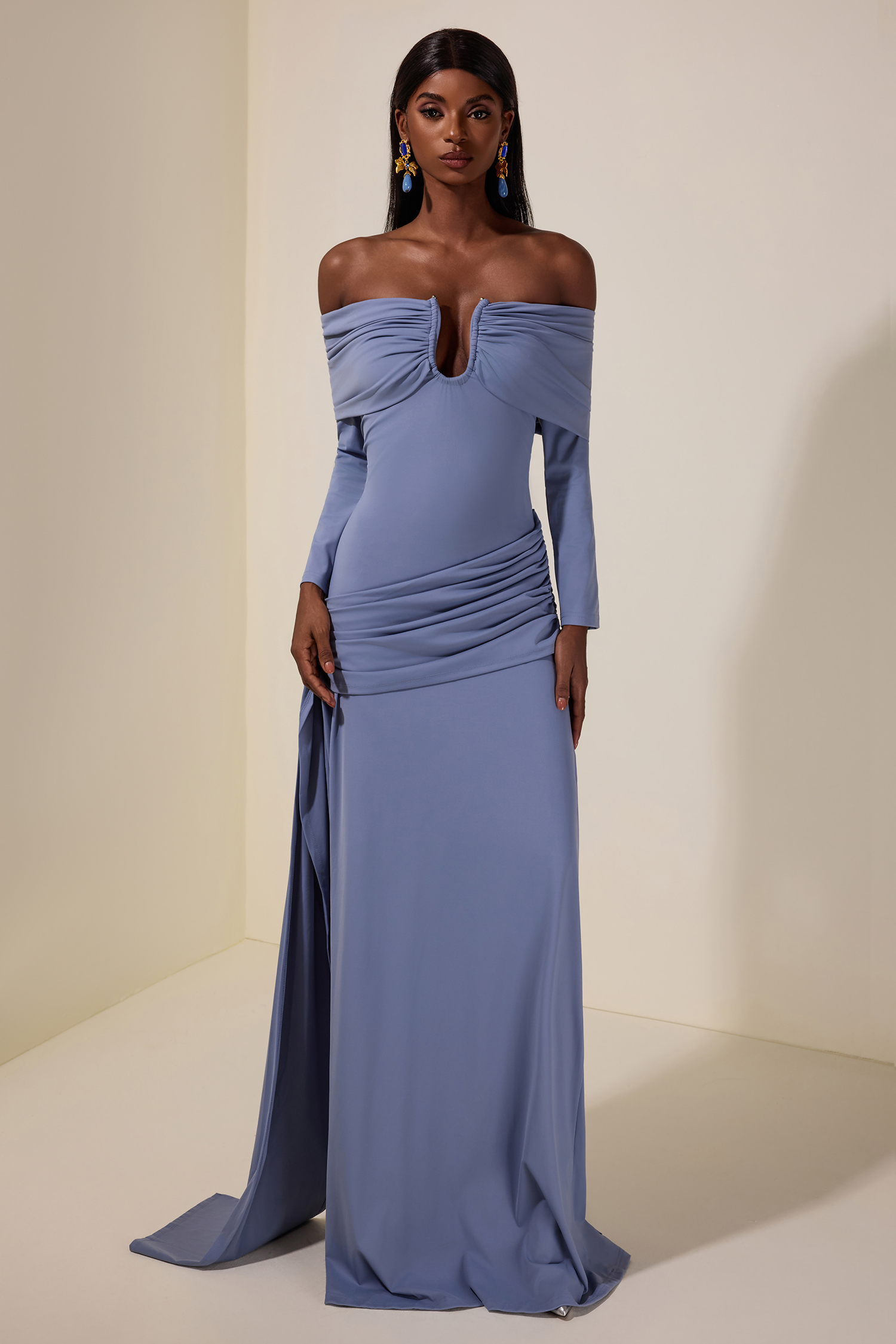 Solid Ruched Off-Shoulder Maxi Dress