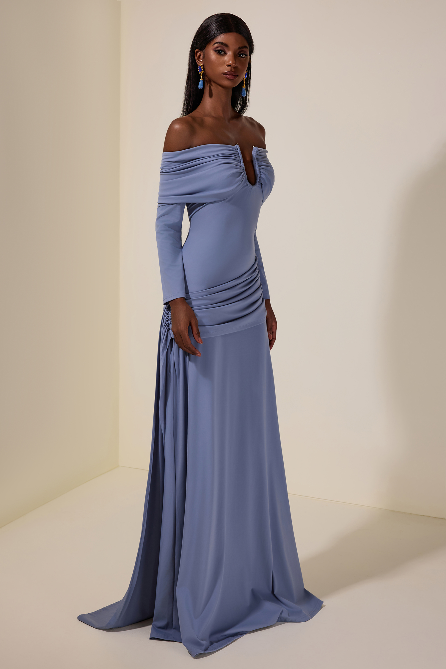 Solid Ruched Off-Shoulder Maxi Dress