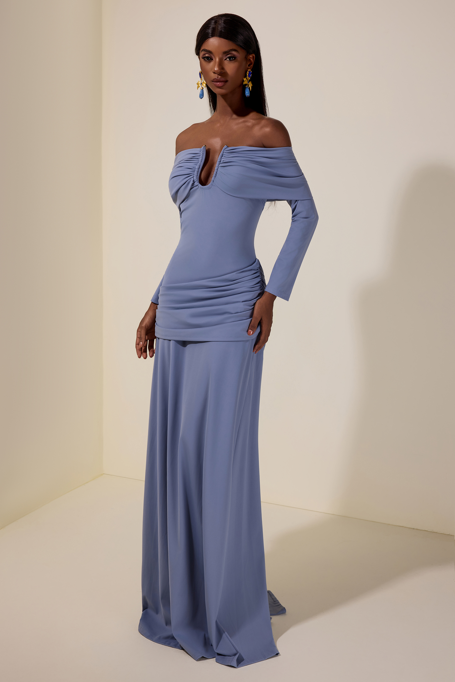 Solid Ruched Off-Shoulder Maxi Dress