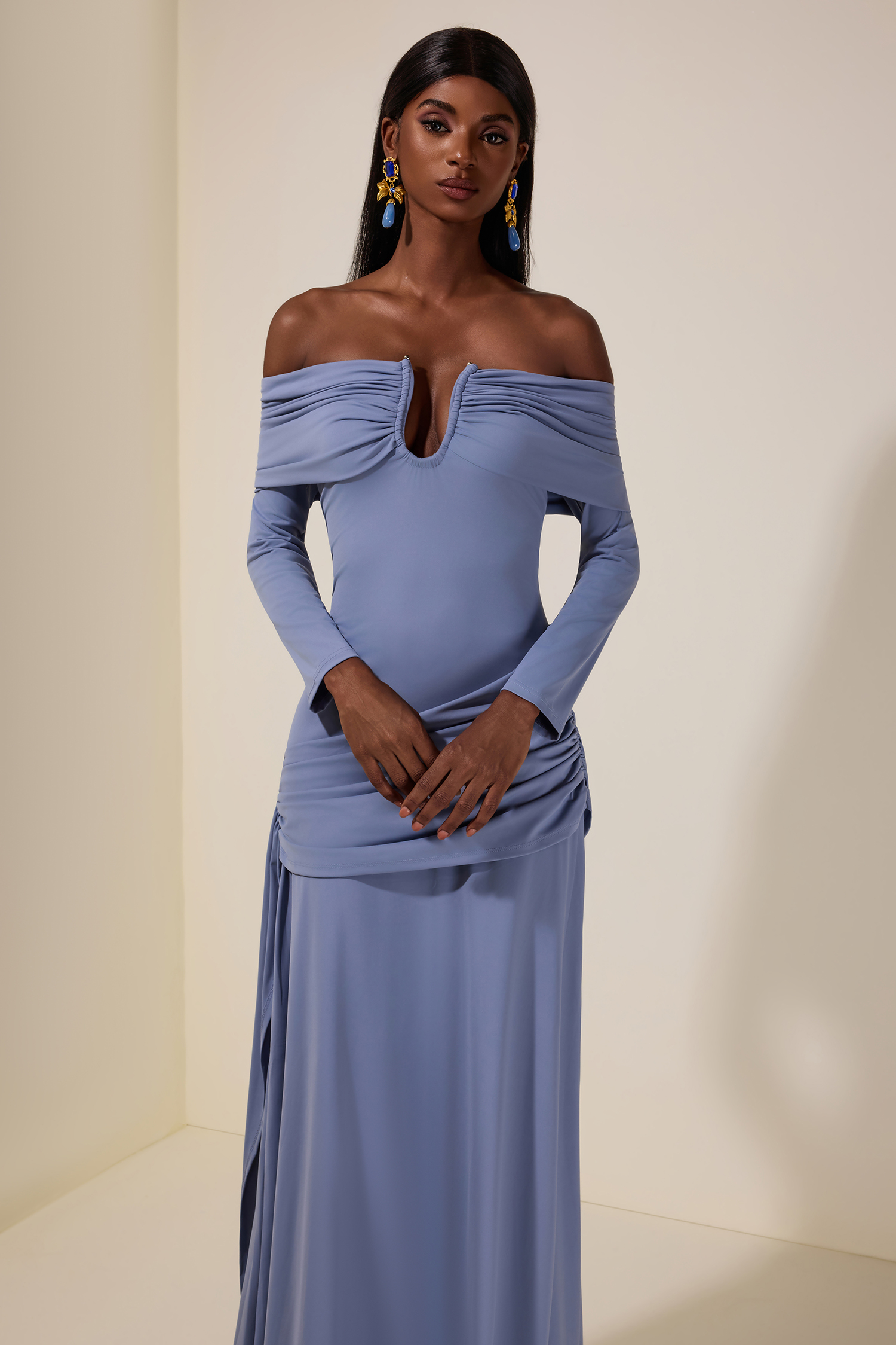 Solid Ruched Off-Shoulder Maxi Dress
