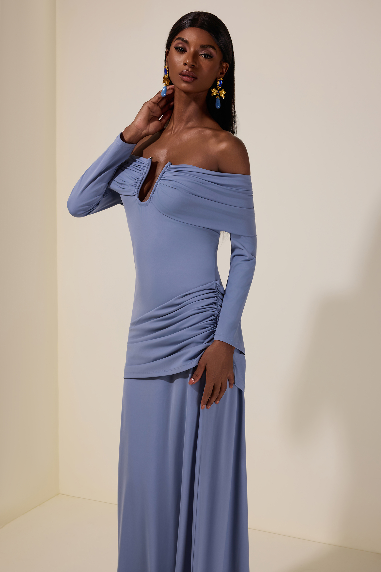 Solid Ruched Off-Shoulder Maxi Dress