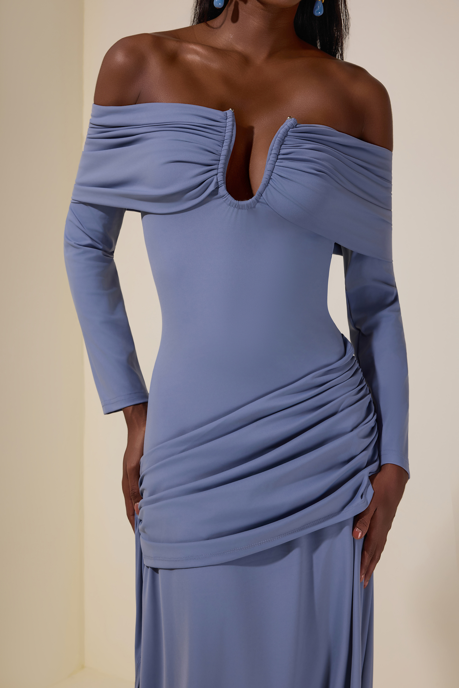 Solid Ruched Off-Shoulder Maxi Dress