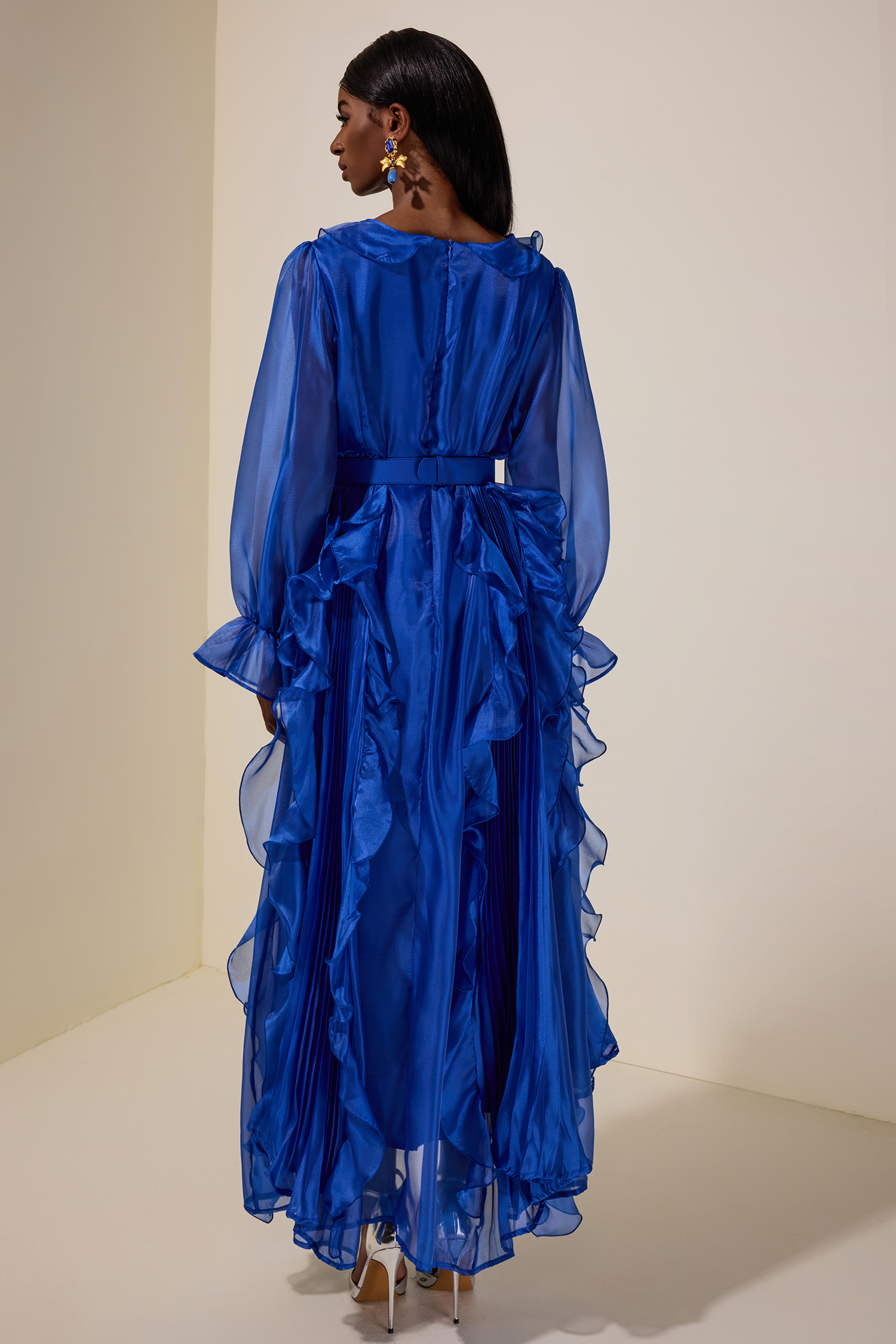 Chiffon 3D Flower Ruffle Midi Dress With Belt