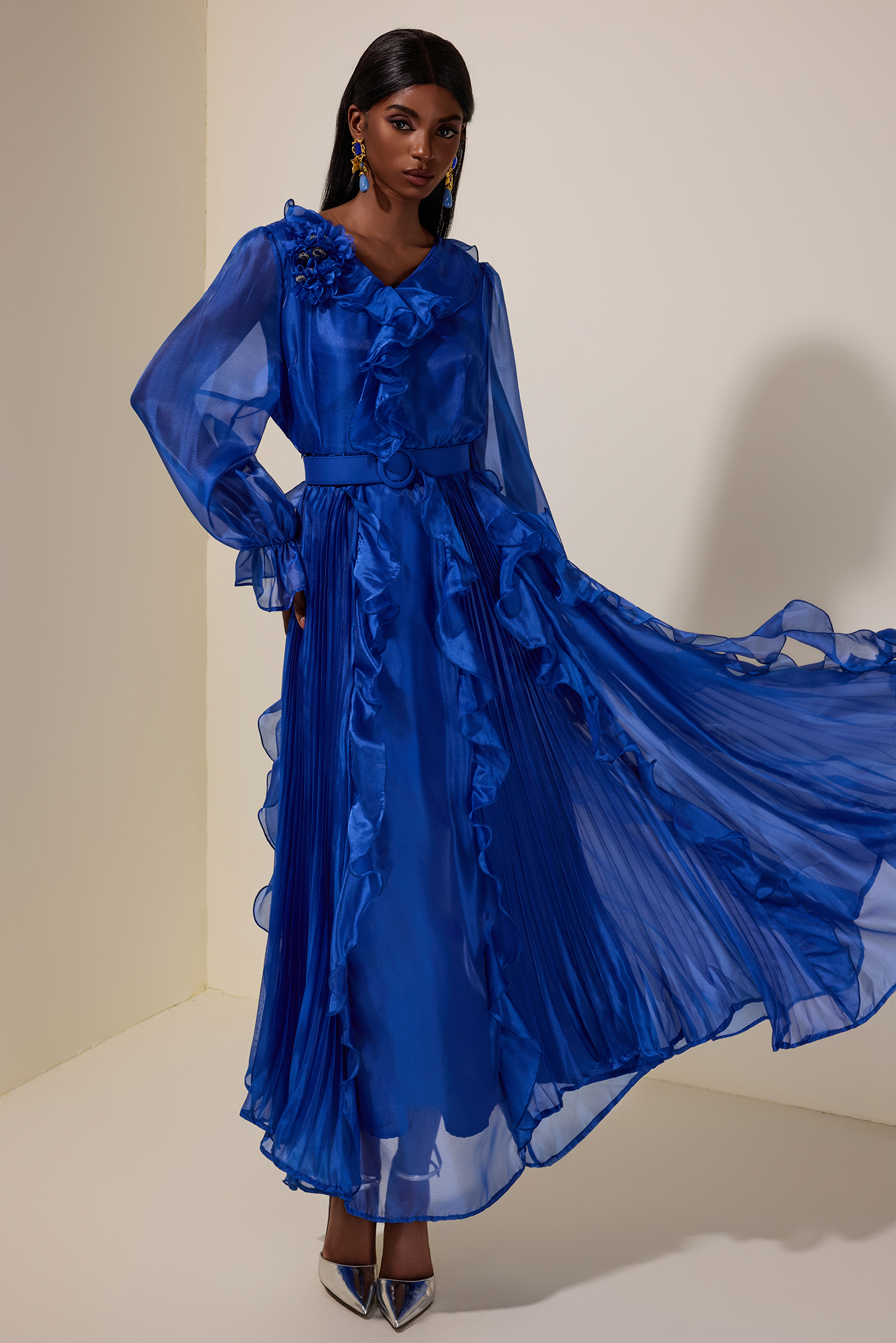 Chiffon 3D Flower Ruffle Midi Dress With Belt