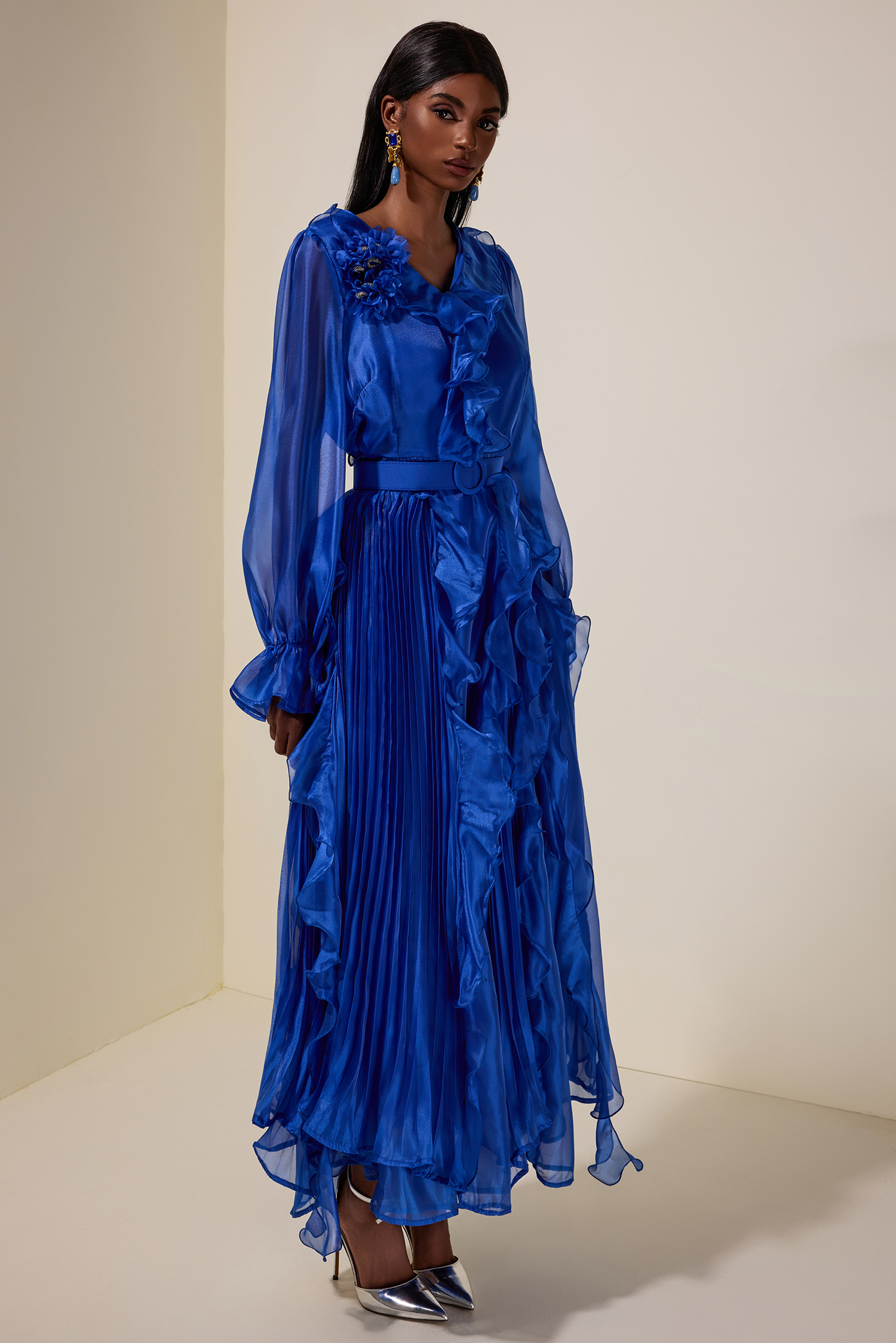 Chiffon 3D Flower Ruffle Midi Dress With Belt