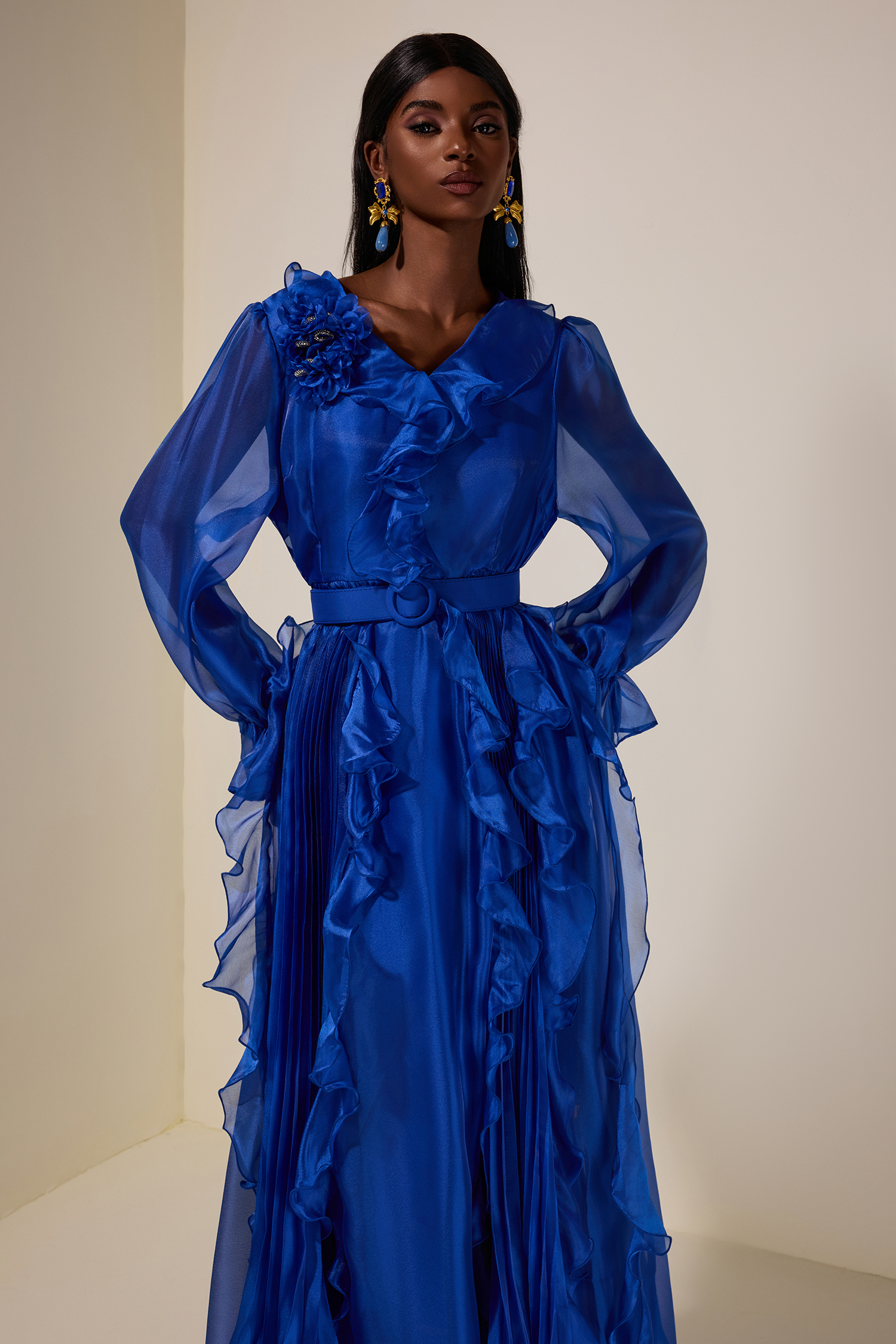 Chiffon 3D Flower Ruffle Midi Dress With Belt