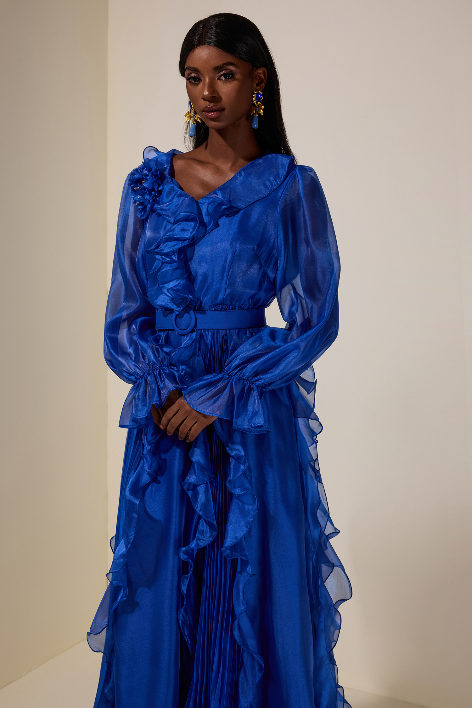 Chiffon 3D Flower Ruffle Midi Dress With Belt