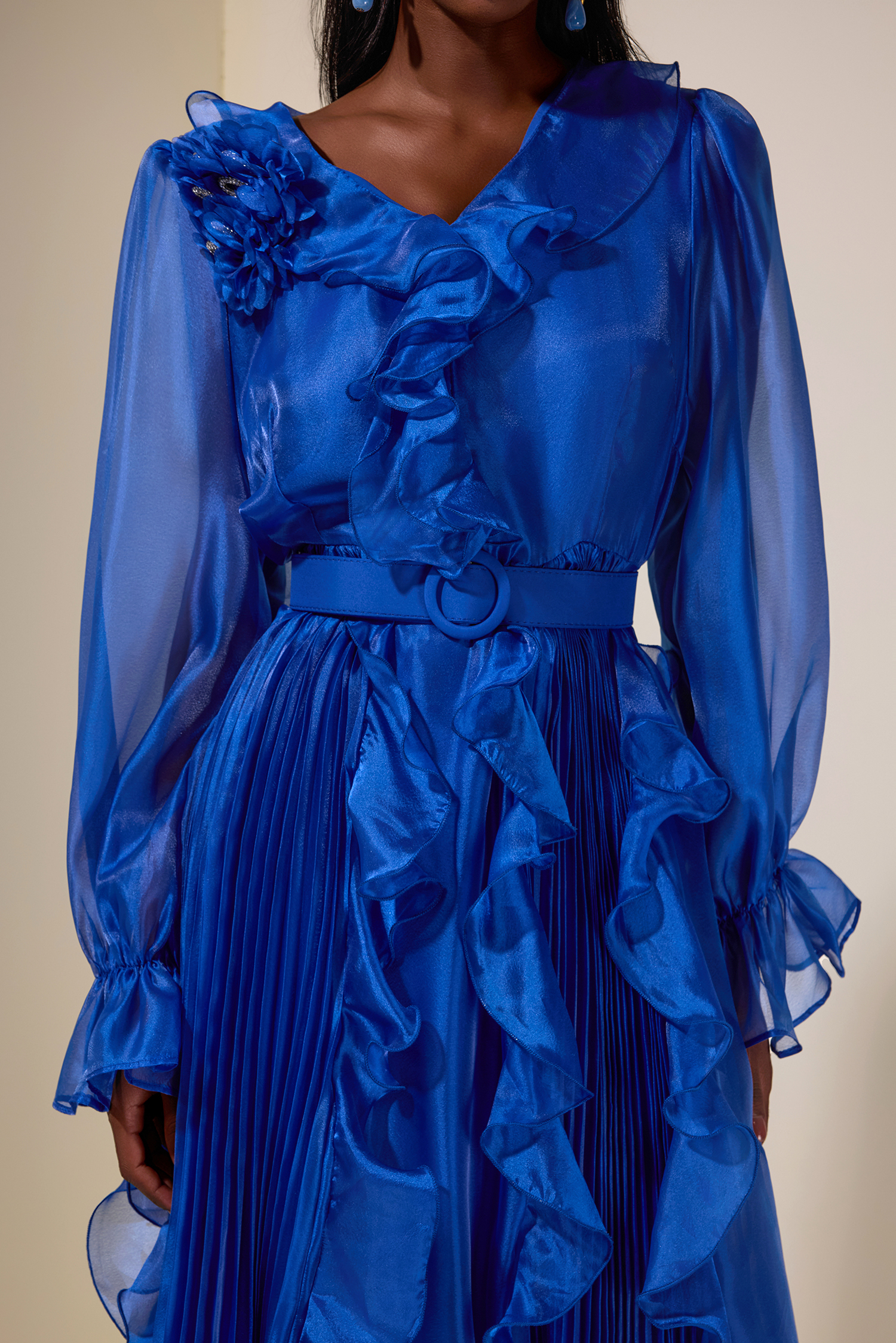 Chiffon 3D Flower Ruffle Midi Dress With Belt