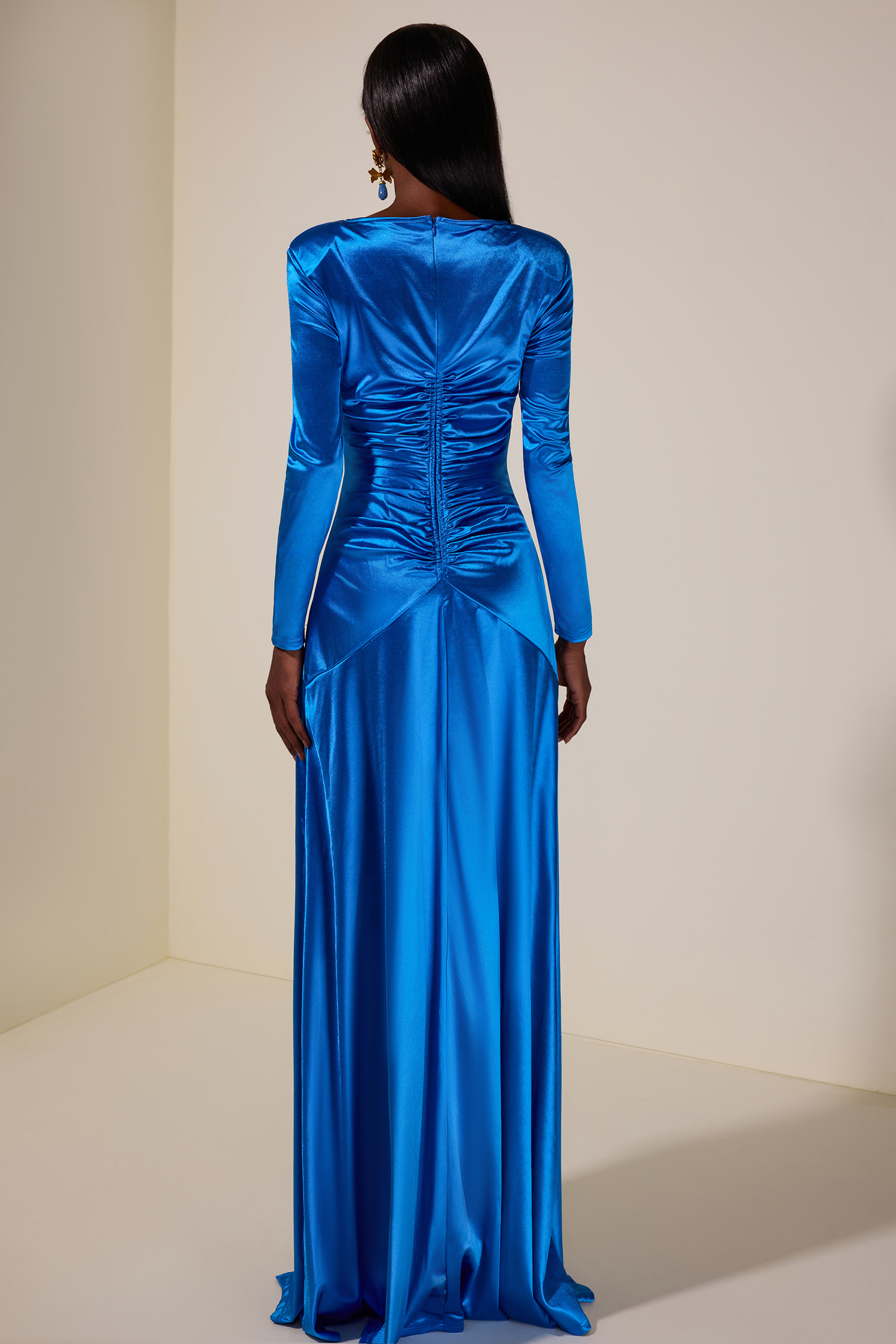 Solid Gathered Boat Neck Midi Dress