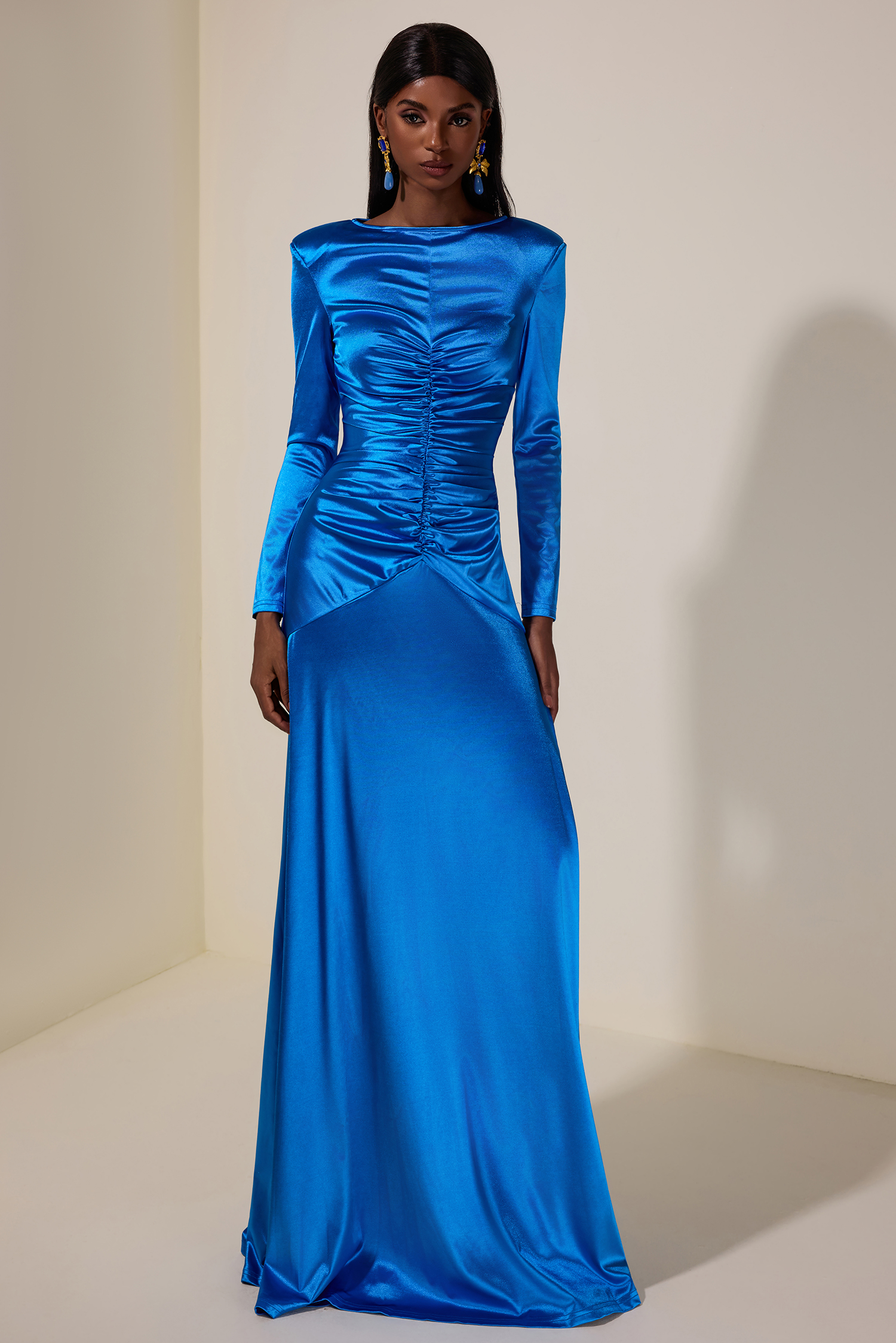 Solid Gathered Boat Neck Midi Dress